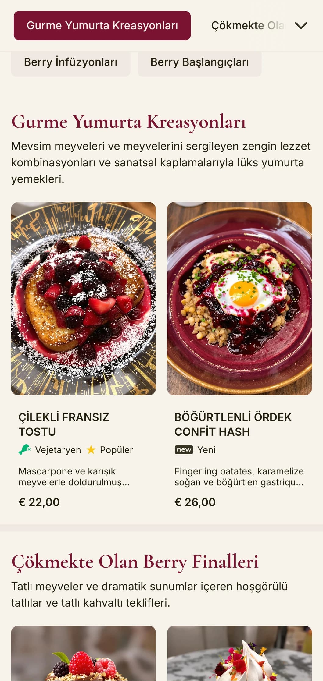 Zengin meyve tonlarına ve zarif tipografiye sahip canlı brunch şablonu, meyve ağırlıklı yemeklere sahip kafeler için tasarlanmıştır.