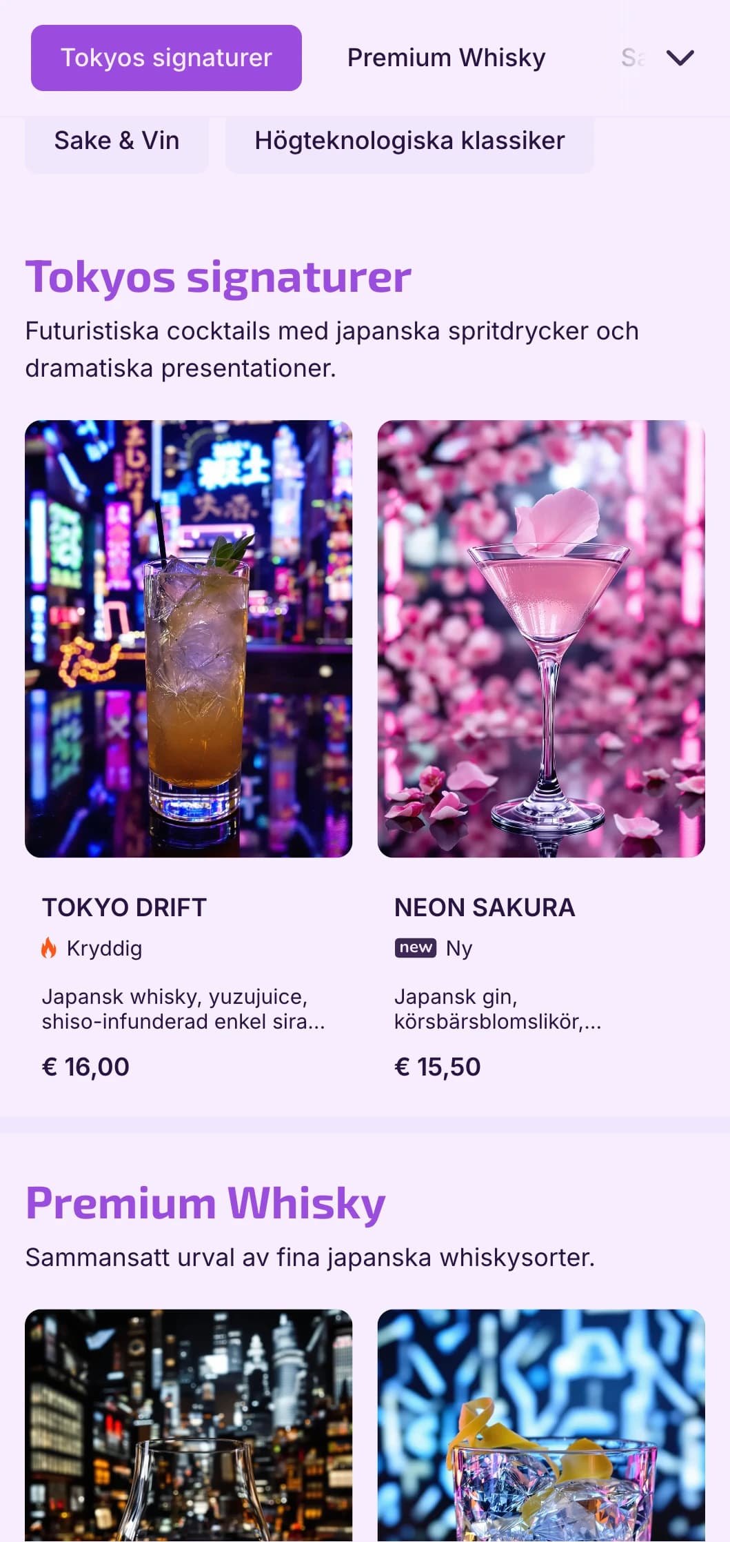 Djupt lila och svart design med tekniska inslag för futuristiska japanskinspirerade barer.