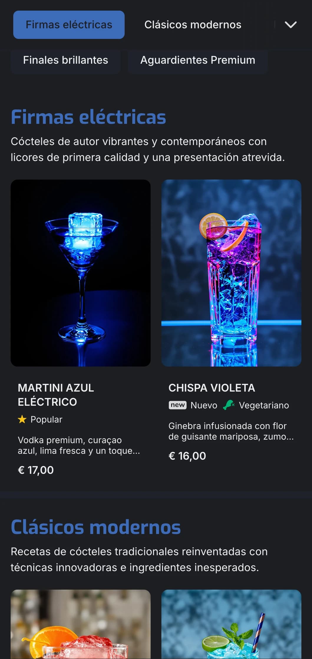 Un diseño vibrante y contemporáneo para bares de cócteles y salones modernos, con detalles en azul eléctrico y tipografía limpia.