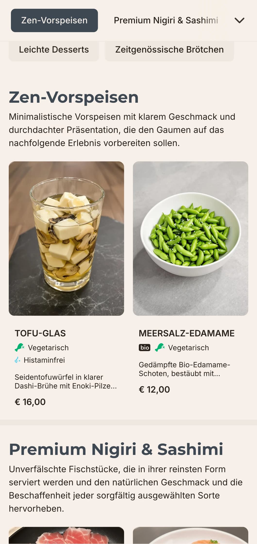 Klares, modernes Sushi-Menü-Design mit minimalistischer Ästhetik, perfekt für gehobene japanische Restaurants, die sich auf Einfachheit und Qualität konzentrieren.