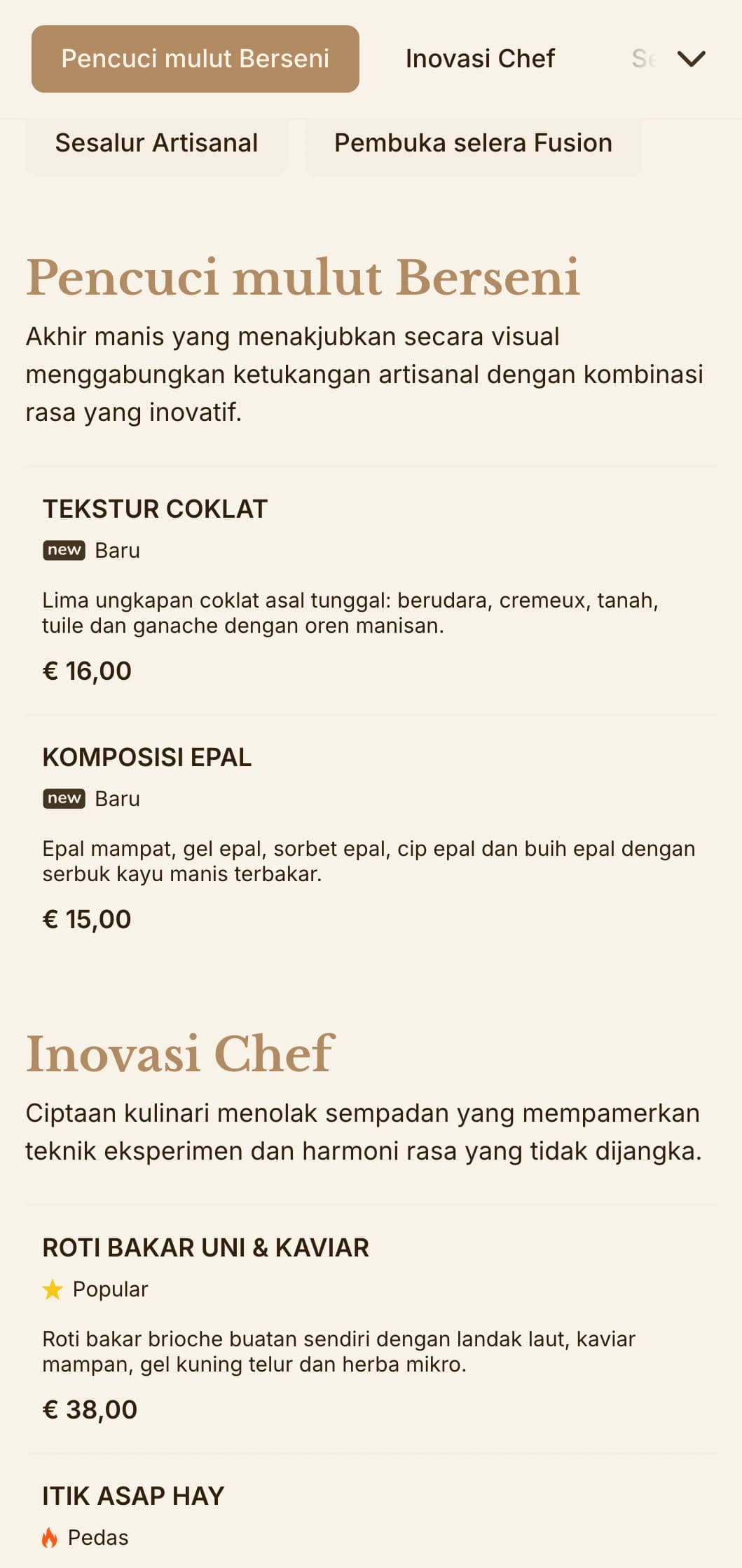 Gabungan canggih estetika artisan dan persembahan gourmet, sesuai untuk pertubuhan masakan yang inovatif.