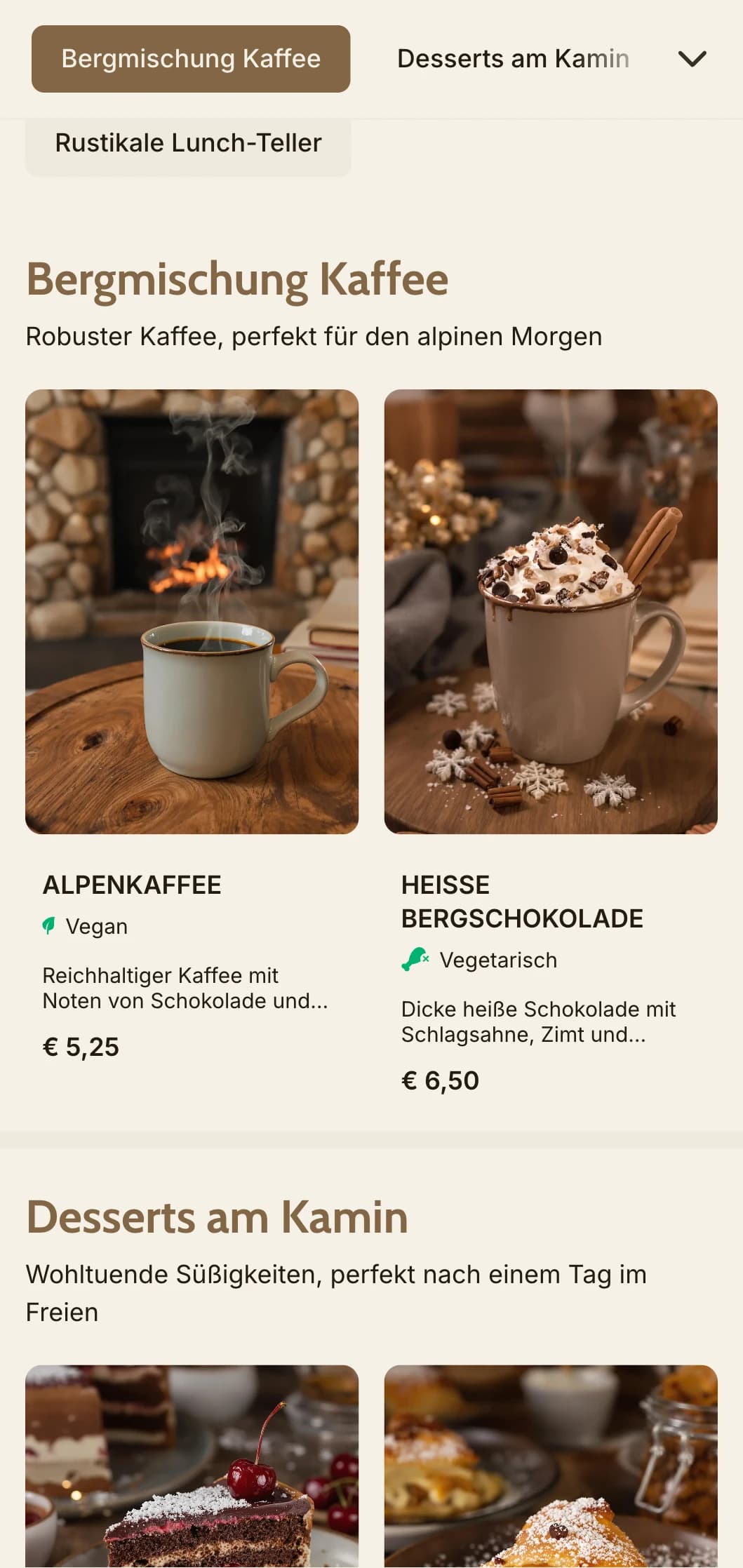 Gemütliches, von Holz inspiriertes Design mit Bergelementen für alpine Cafés und Hüttenwirtschaften.