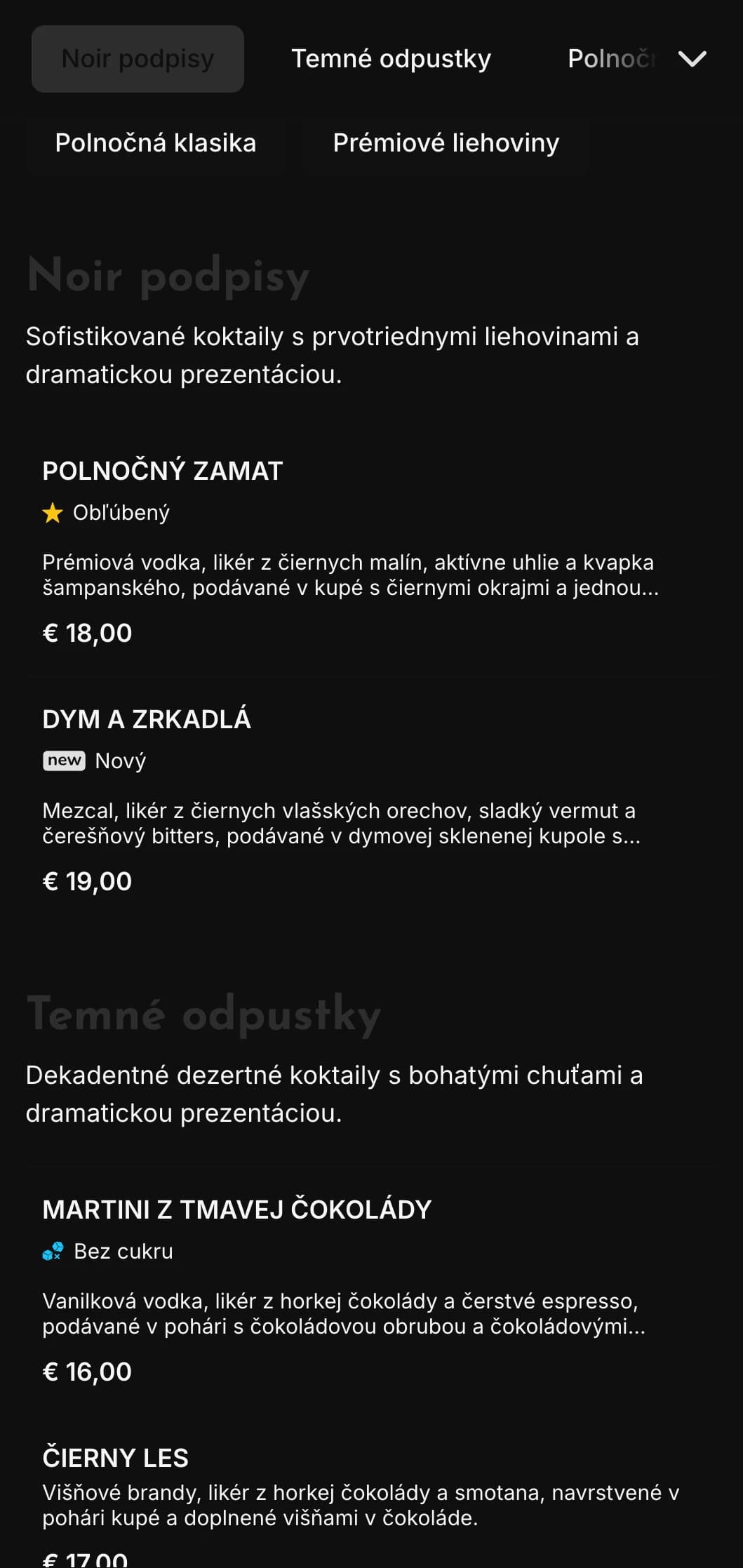 Elegantný tmavý dizajn pre moderné koktailové salóny a nočné kluby s vysoko kontrastnými prvkami a výraznou typografiou.