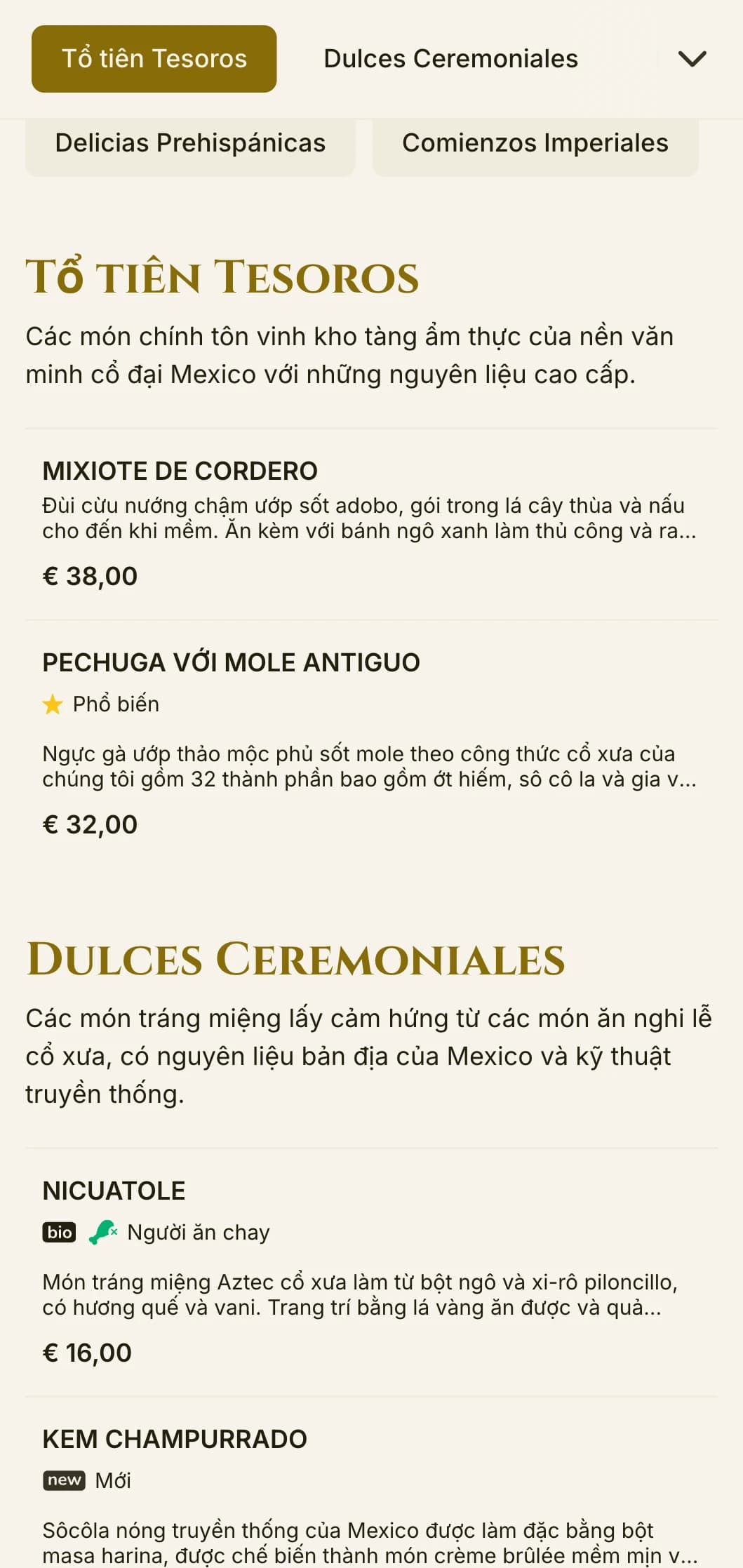 Thực đơn thanh lịch lấy cảm hứng từ nền văn hóa Aztec cổ đại với điểm nhấn là vàng sang trọng, biểu tượng lịch sử và các món ăn truyền thống cao cấp trên giấy da ngà.