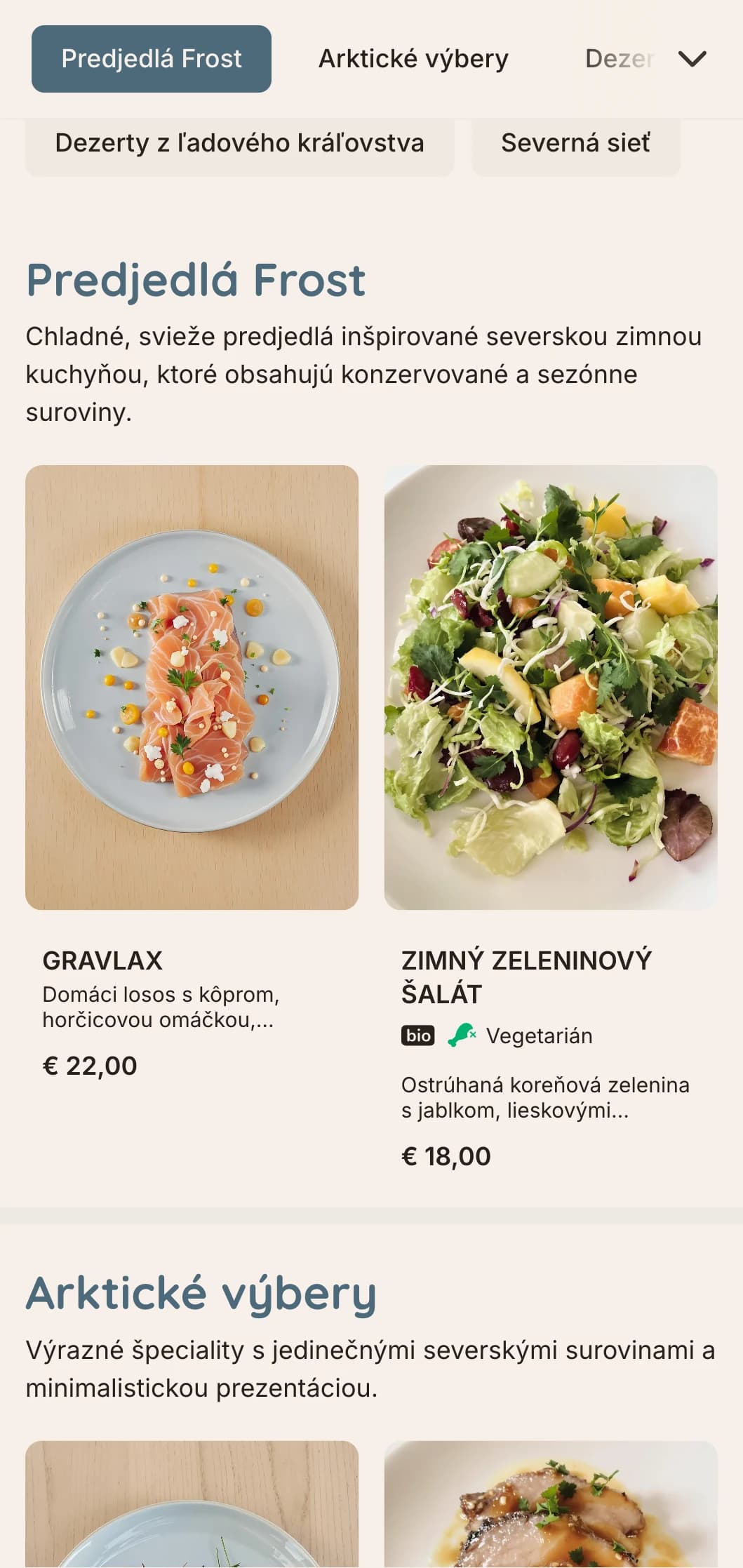 Chladné, svieže večerné menu so škandinávskymi zimnými vplyvmi, s ľadovo modrými tónmi a čistými líniami, ktoré sú ideálne pre severskú kuchyňu.