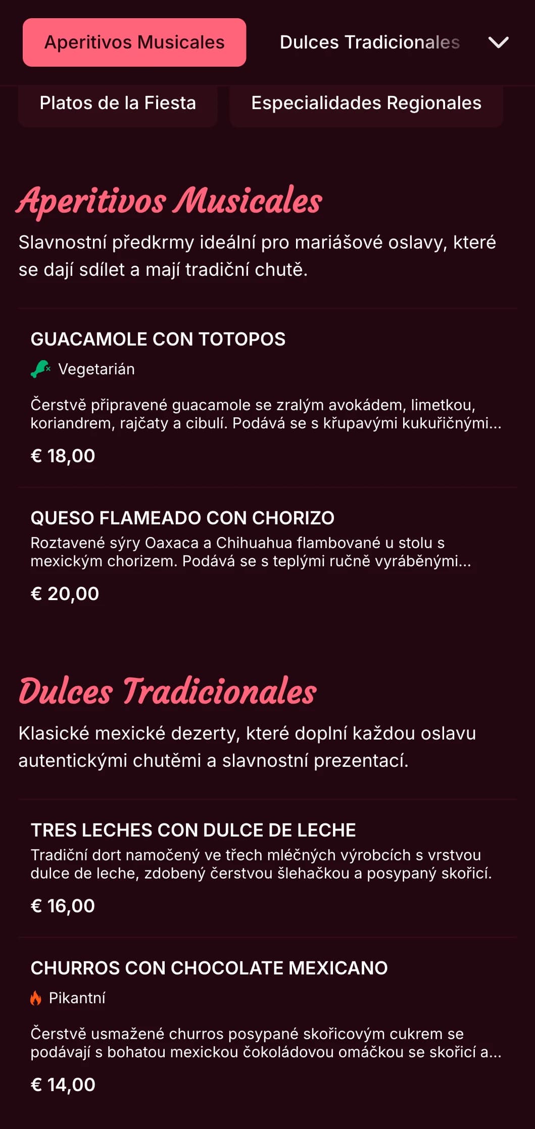 Živé a hudební mexické menu se světle růžovými akcenty, obrázky mariachi a slavnostními pokrmy ideálními pro oslavy a večírky.