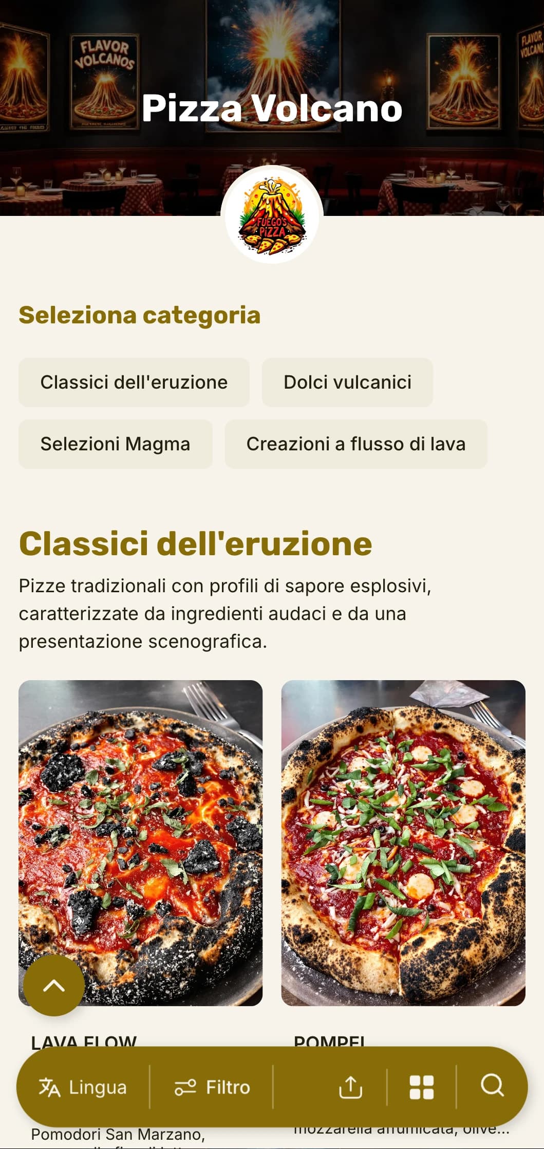 Menu pizza audace e accattivante con una gerarchia visiva drammatica per pizzerie avventurose.