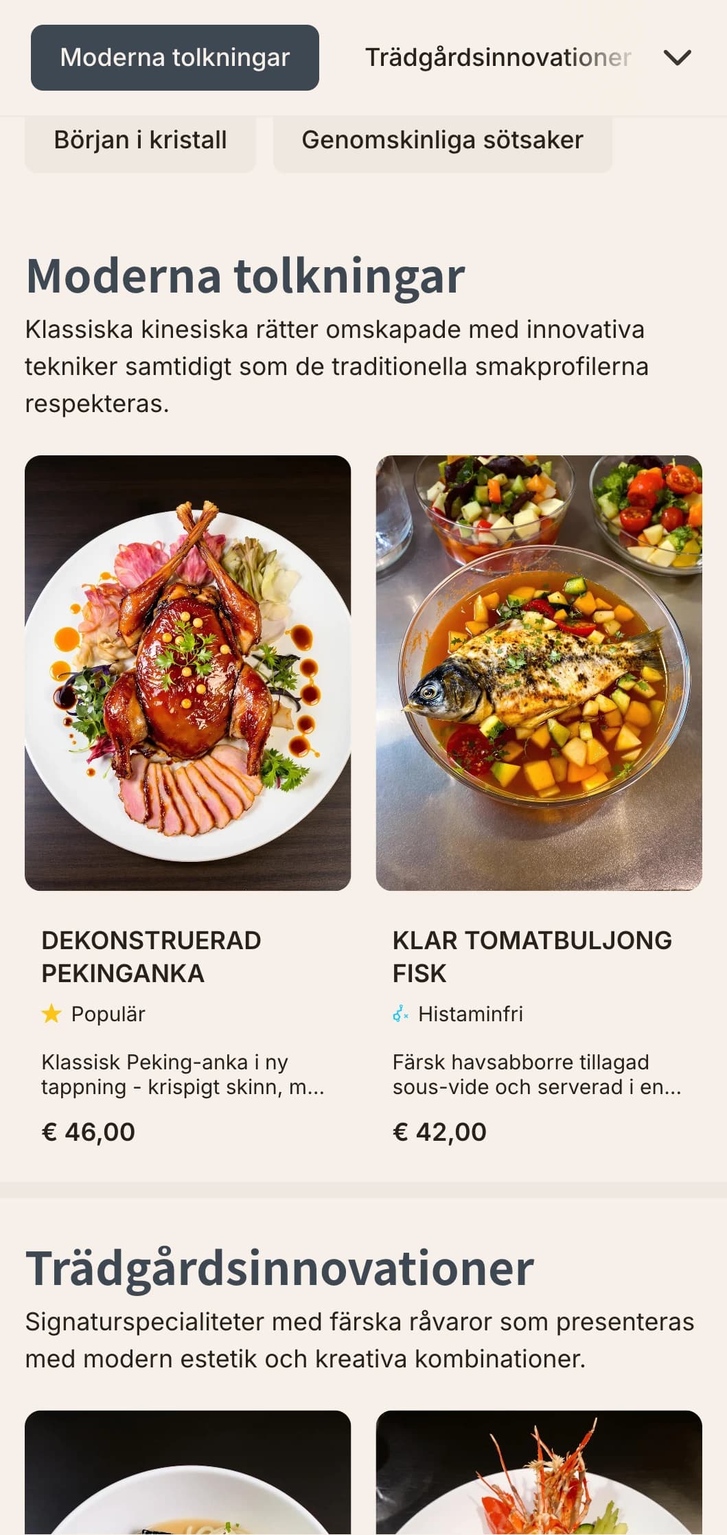 Modern kinesisk menydesign med kristallinspirerade element och trädgårdsmotiv för moderna fusionsrestauranger.