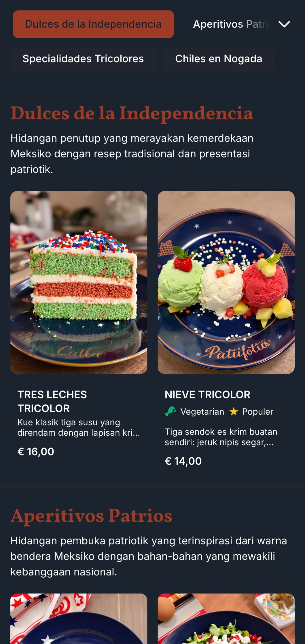 Menu patriotik dan meriah untuk merayakan kemerdekaan Meksiko yang menampilkan elemen terakota, hijau dan putih dengan hidangan khas musiman.