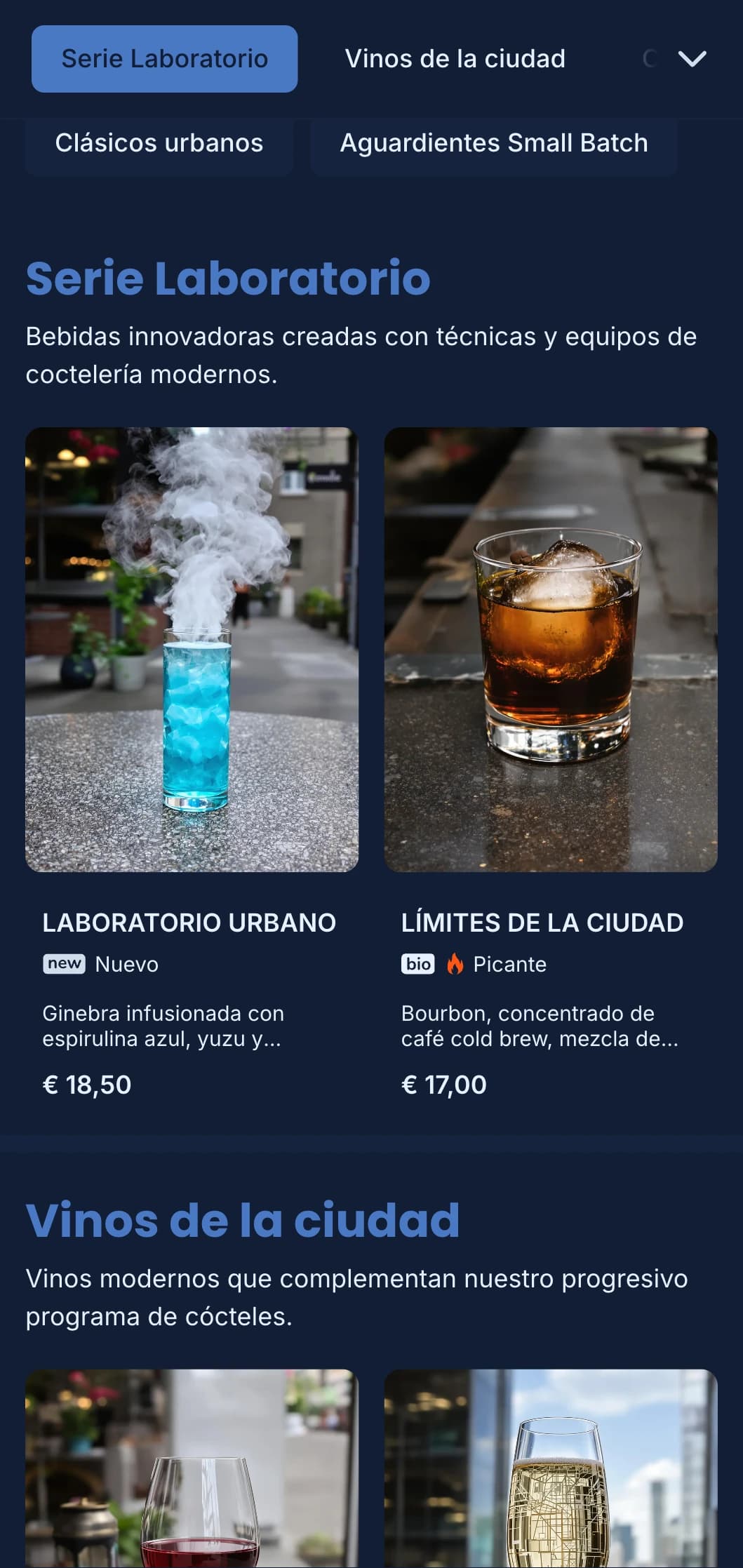 Diseño azul limpio y estructurado con motivos geométricos para bares urbanos modernos.