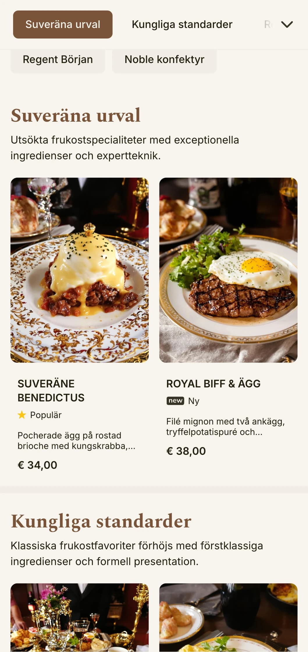Sofistikerad morgonmat inspirerad av lyxiga hotellmiddagar, presenterad med elegant formalitet och förstklassiga ingredienser.