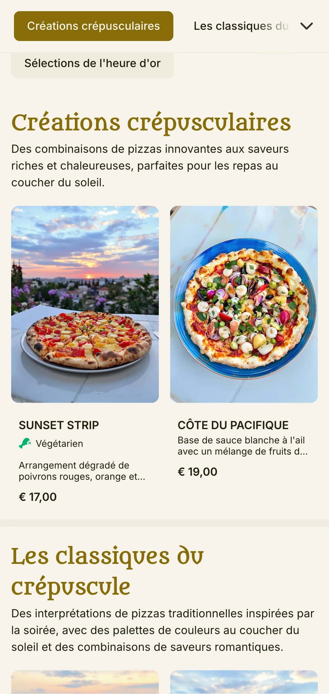 Carte de pizzas sur le thème de la soirée, avec une palette de couleurs du coucher de soleil et des éléments romantiques.
