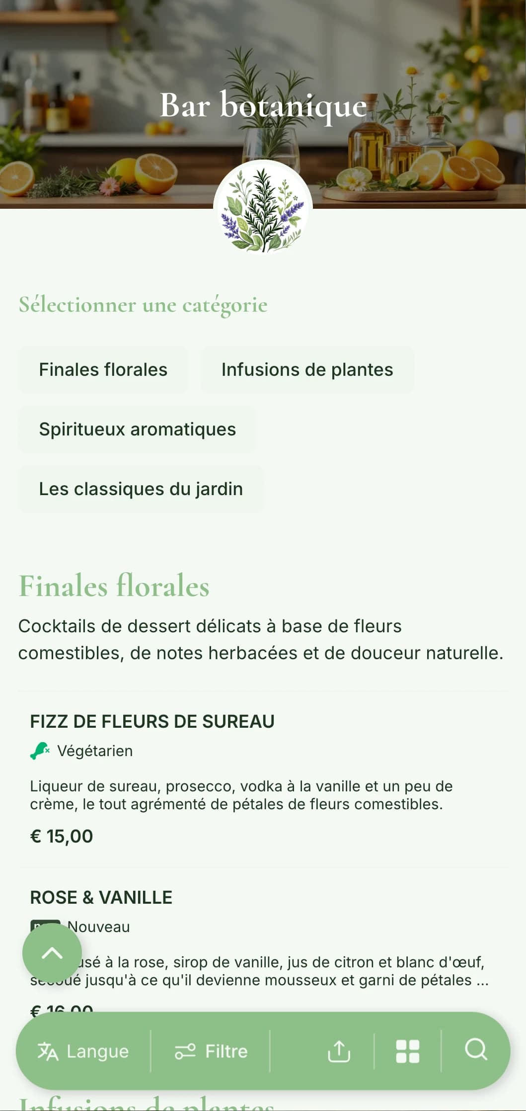 Un menu frais, inspiré du jardin, pour les bars spécialisés dans les cocktails à base d'herbes et de plantes.