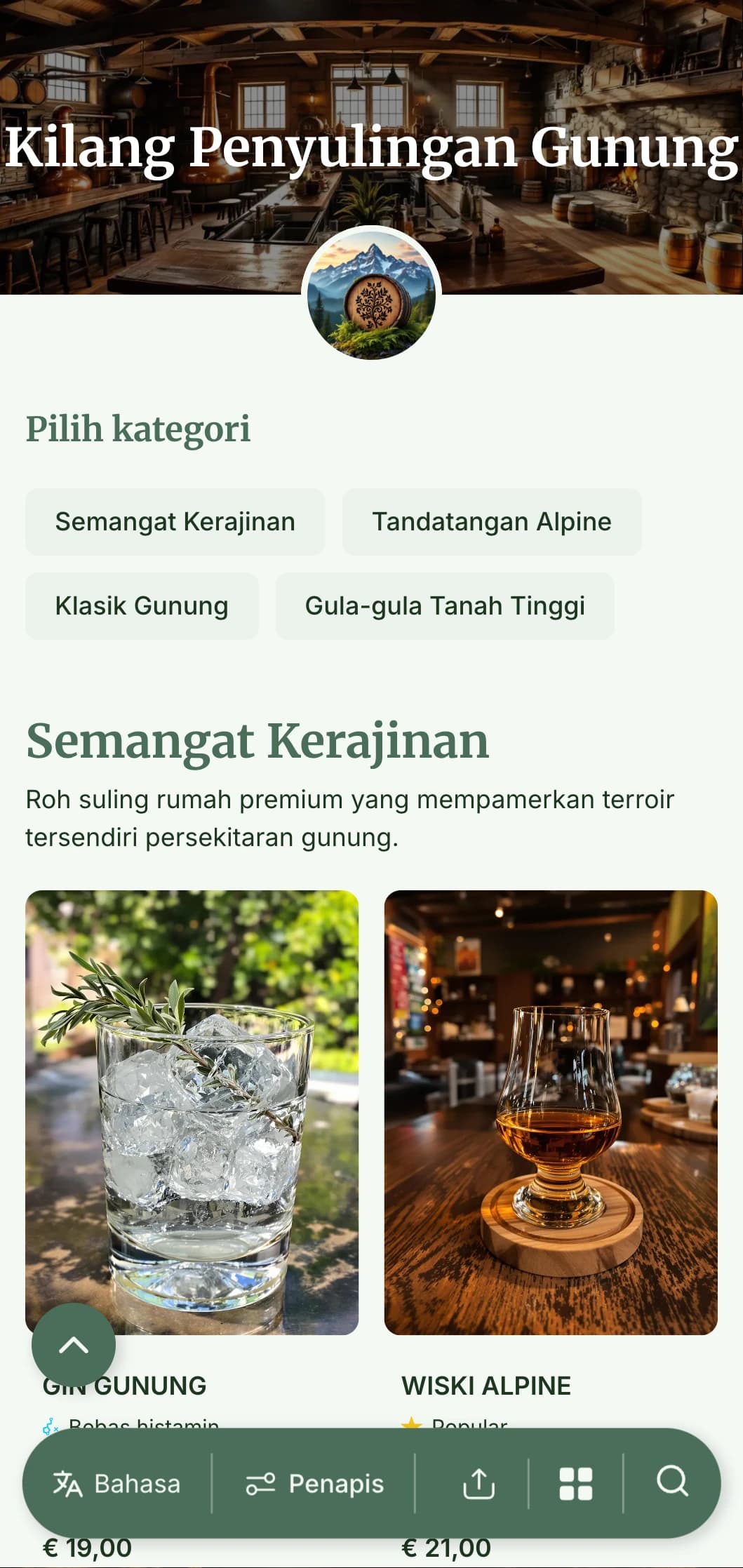 Reka bentuk desa berinspirasikan alpine untuk kilang penyulingan gunung dan bar semangat yang menampilkan rona tanah dan unsur semula jadi.