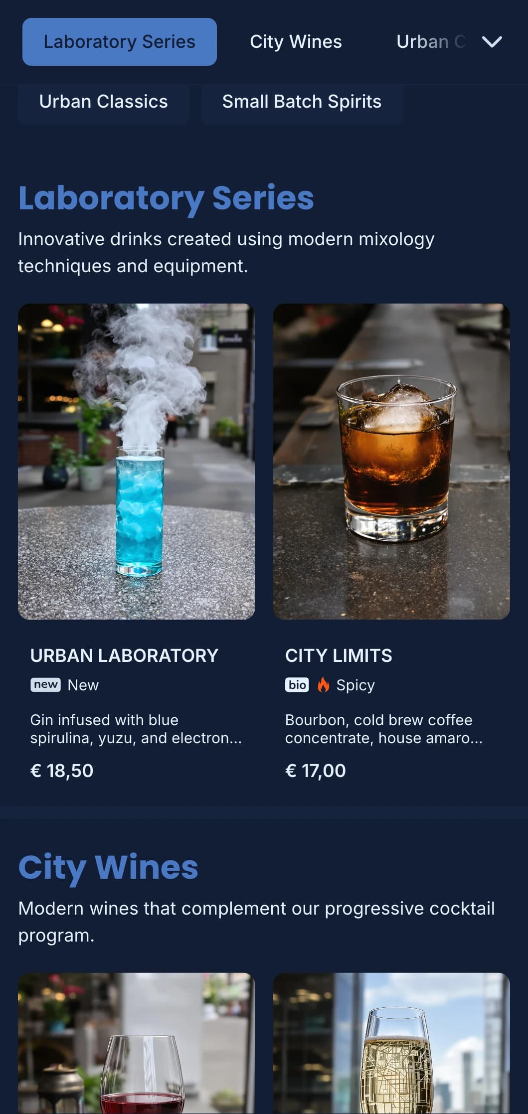 Clean, structured blue design with geometric patterns for modern urban bars.