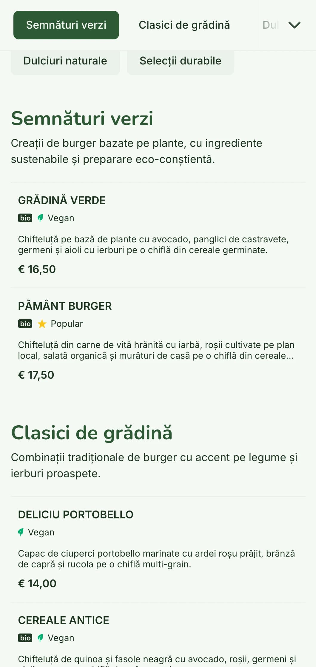 Meniu de burger ecologic cu accent pe durabilitate, cu materiale naturale și opțiuni pe bază de plante.