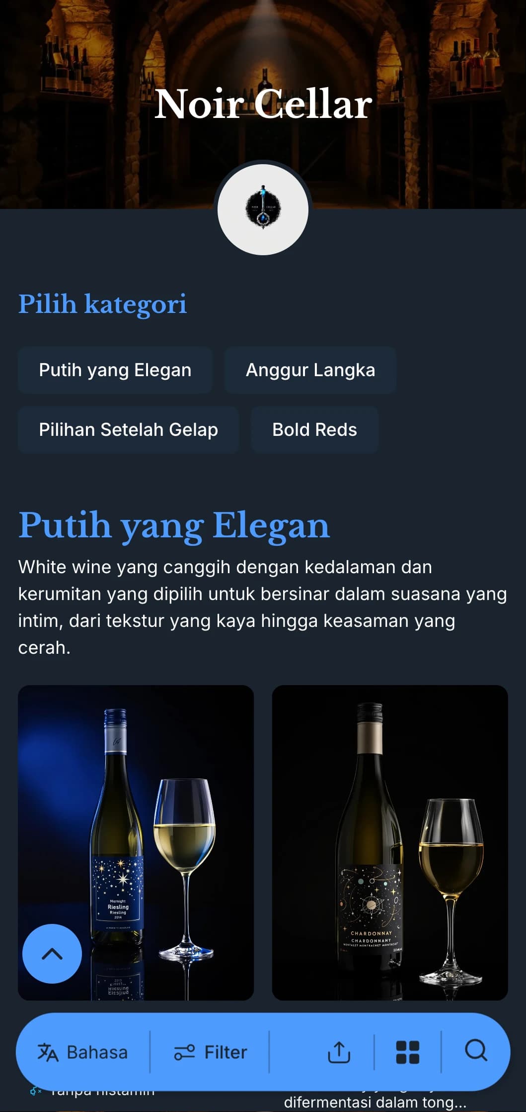 Templat daftar anggur bertema gelap yang canggih dengan aksen biru mencolok dengan latar belakang biru tua, ideal untuk lounge anggur yang intim dan tempat malam hari.
