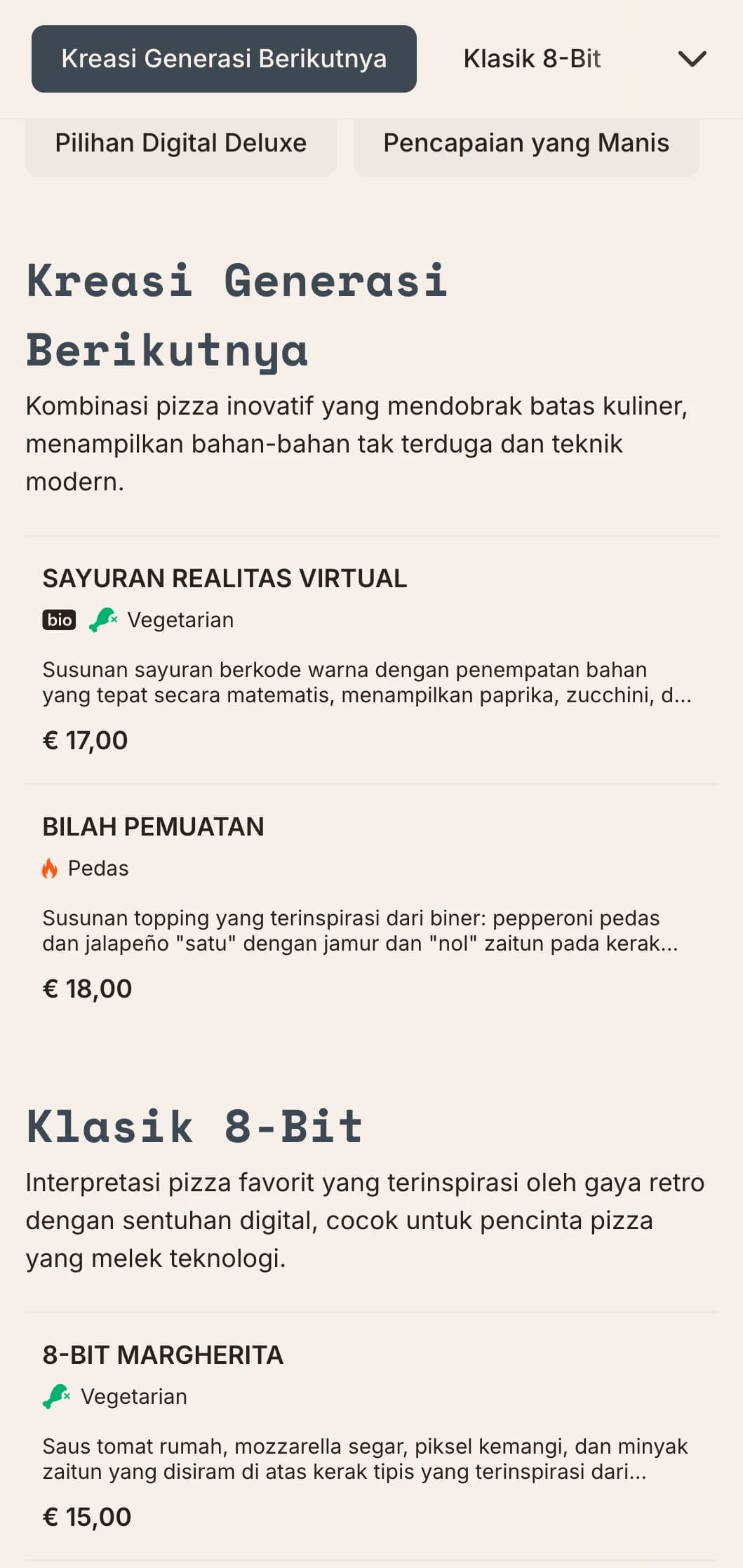 Menu pizza modern yang terinspirasi dari teknologi dengan estetika digital untuk konsep pizza yang inovatif.