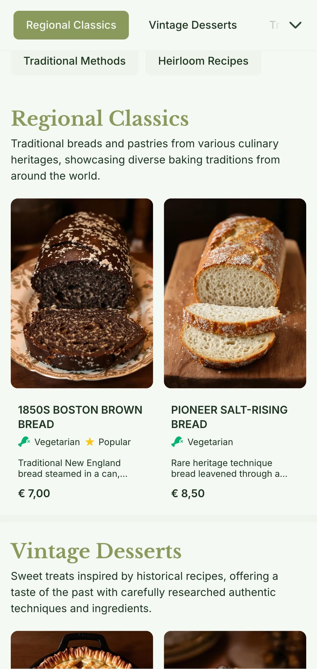 A traditional, heirloom-inspired bakery menu design with olive green tones and classic typography, perfect for bakeries focusing on historical recipes.