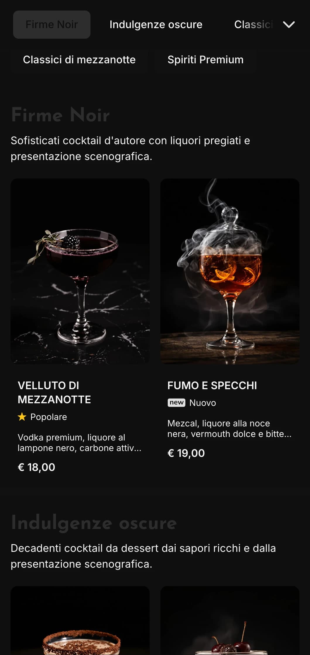 Un design elegante e scuro per cocktail lounge e locali notturni contemporanei, caratterizzato da elementi ad alto contrasto e da una tipografia audace.