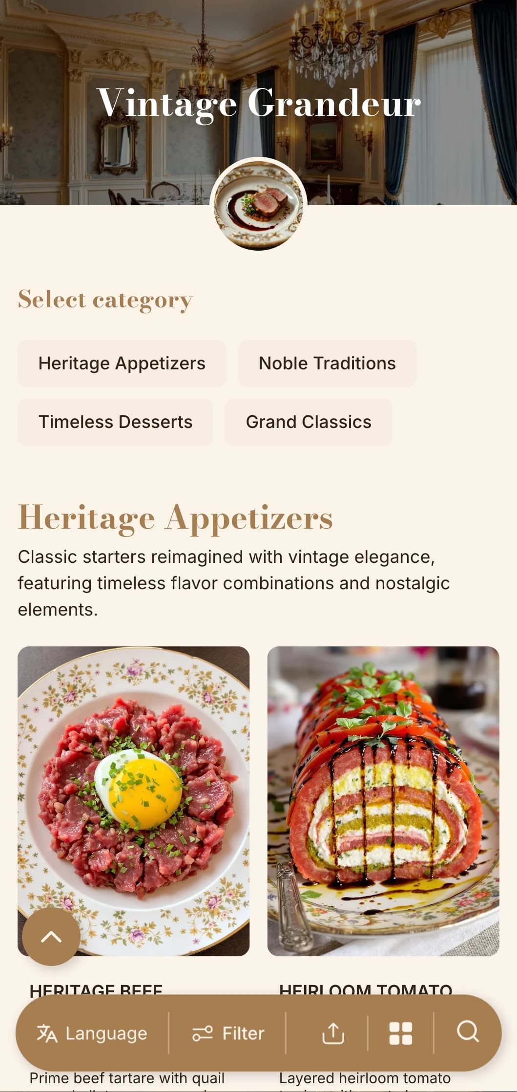 Nostalgic sophistication with vintage-inspired typography and color palette, perfect for establishments with historical character.