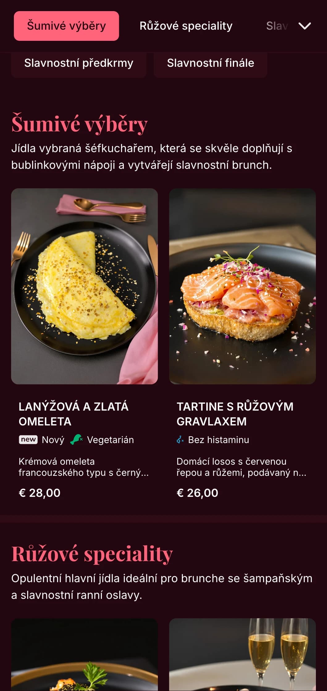 Luxusní šablona na brunch s růžovým motivem a zlatými akcenty, ideální pro brunch se šampaňským a slavnostní stolování.