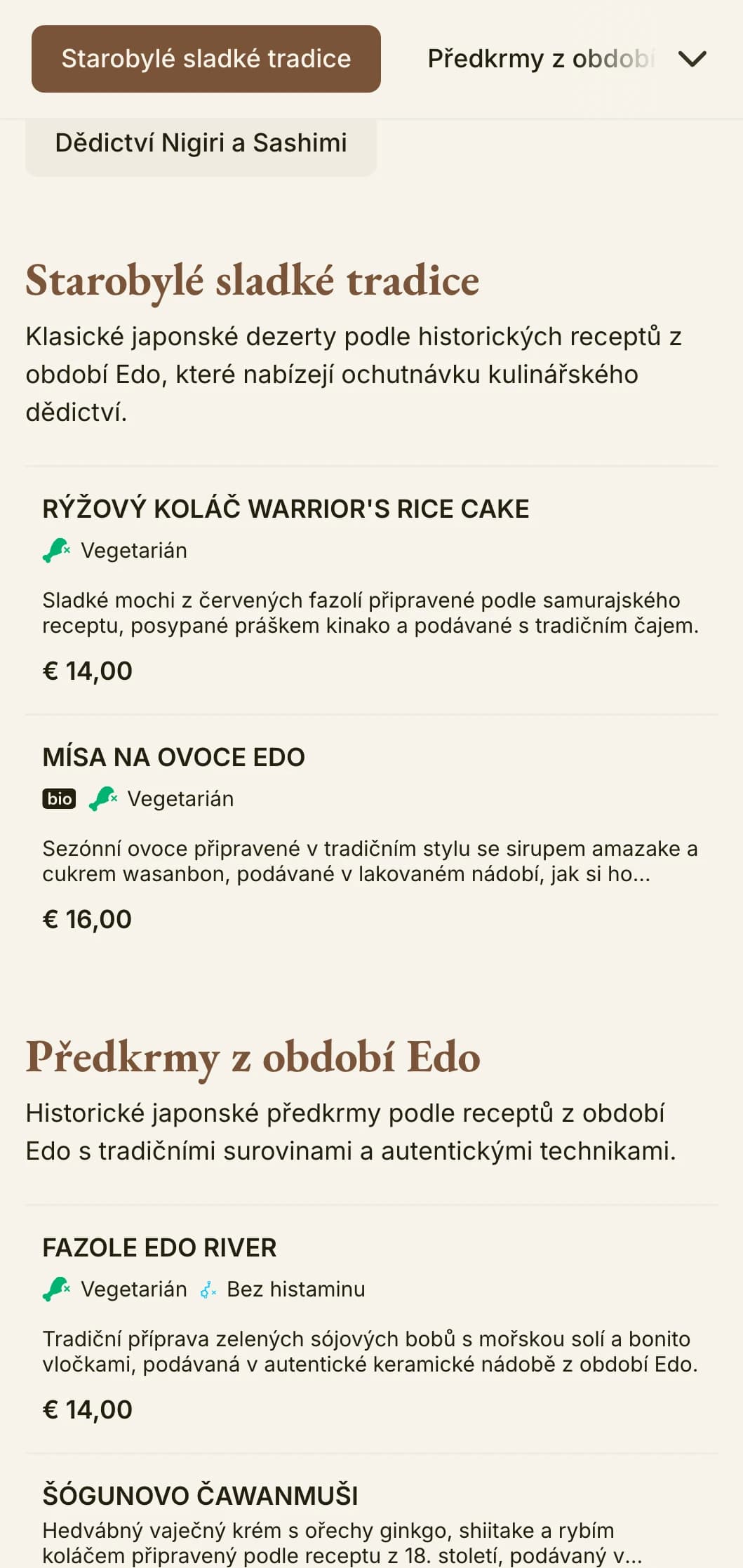 Historické menu sushi inspirované japonskou kuchyní s tradiční estetikou z období Edo a klasickou typografií.