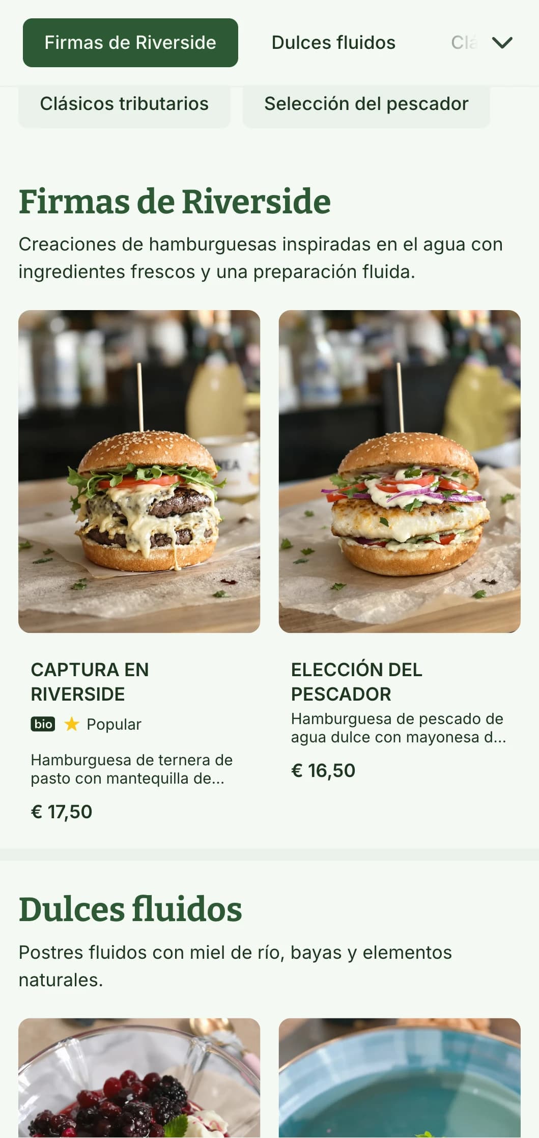 Experiencia de hamburguesa a orillas del río con elementos acuáticos y una paleta natural azul verdosa.