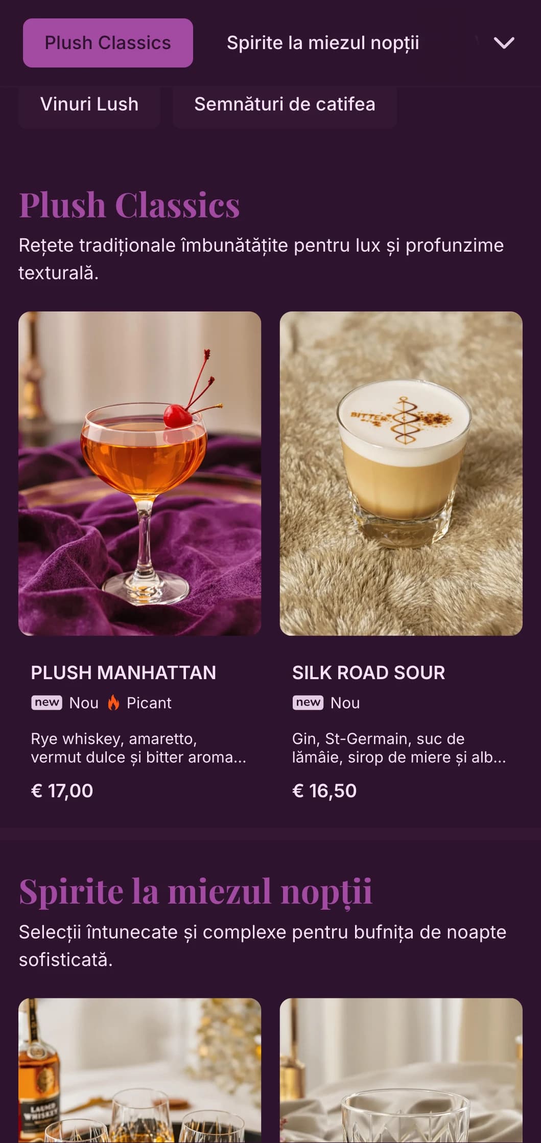 Design purpuriu luxos cu texturi de catifea pentru localuri intime de tip speakeasy.
