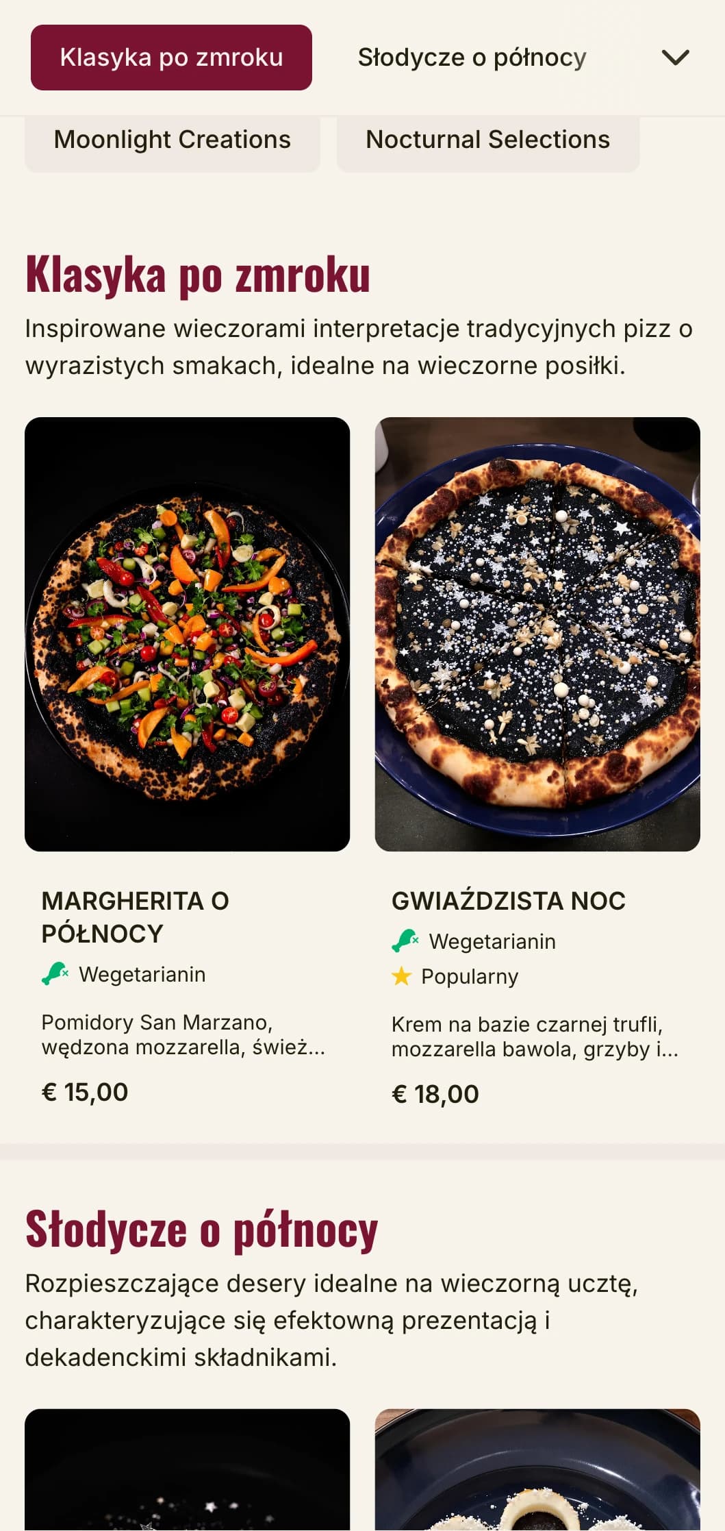 Późne menu pizzerii z ciemną, nastrojową estetyką na wieczorne posiłki.