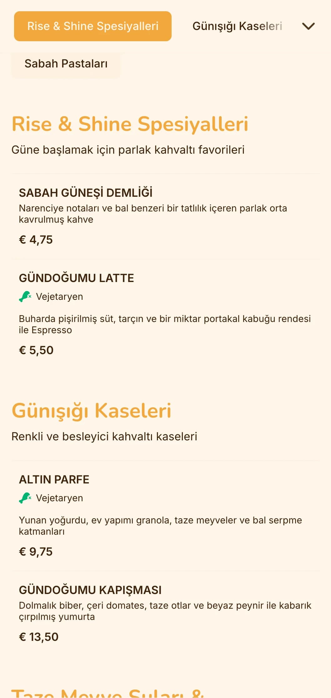 Kahvaltı lokantaları ve brunch mekanları için güneşli öğeler içeren neşeli sarı ve turuncu tasarım.