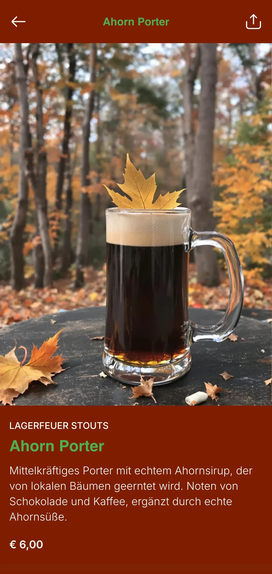 Warmes und reichhaltiges Herbstdesign mit Erntefarben und Blättermotiven, perfekt für saisonale Herbstbiermenüs.