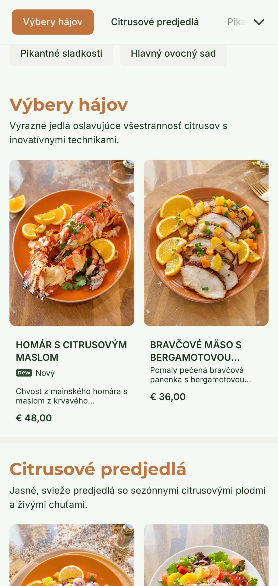 Svetlé, svieže večerné menu s citrusovými tónmi a prírodnými prvkami, ideálne pre reštaurácie so stredomorskými vplyvmi.