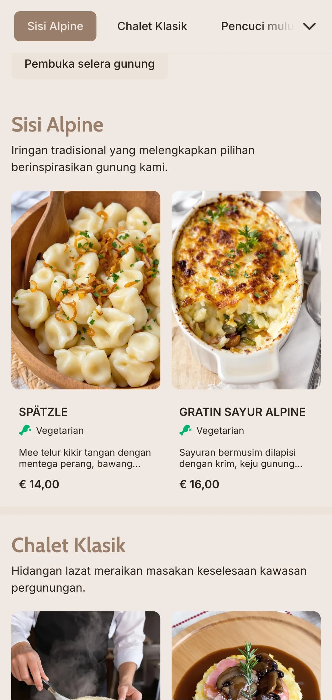 Katering selesa berinspirasikan Switzerland yang menampilkan fondue, raclette dan hidangan gunung yang lazat dengan persembahan desa untuk acara musim sejuk dan pondok ski.
