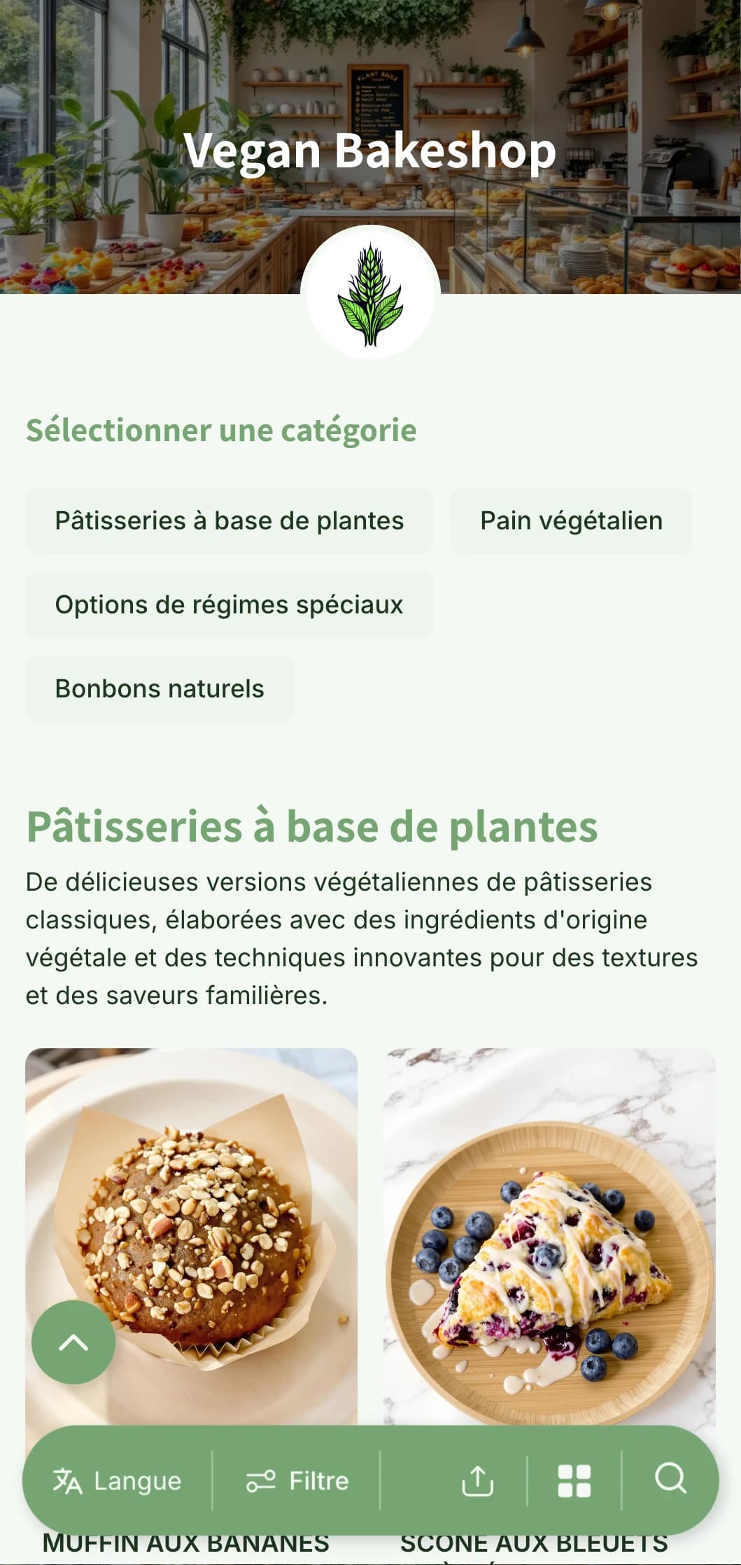 Un menu de boulangerie frais et végétal avec des tons verts vibrants et une typographie claire, parfait pour les boulangeries végétaliennes et les magasins soucieux de l'environnement.