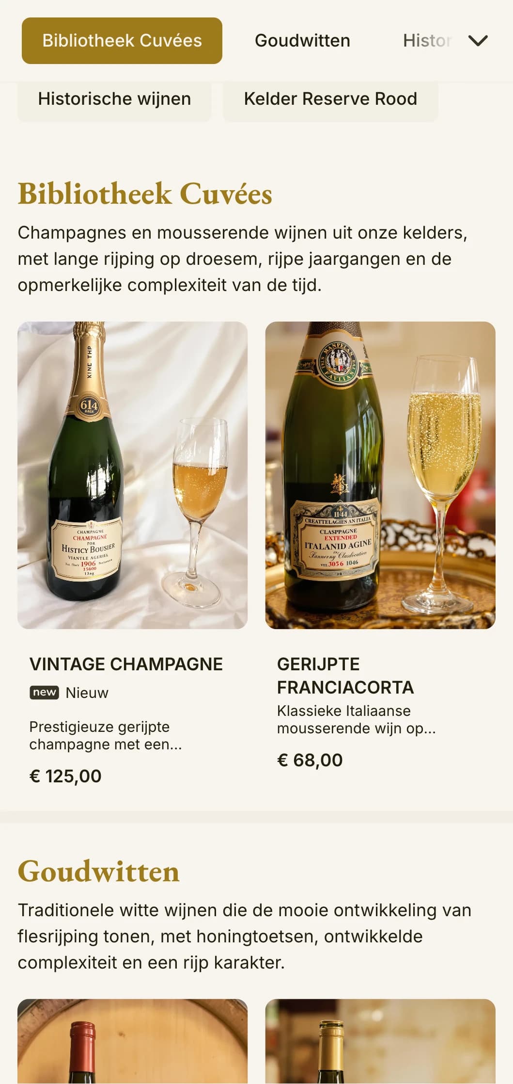 Warme, traditionele wijnkaart met amberkleurige accenten en erfgoedelementen, perfect voor gevestigde wijnhuizen en klassieke fine dining-ervaringen.