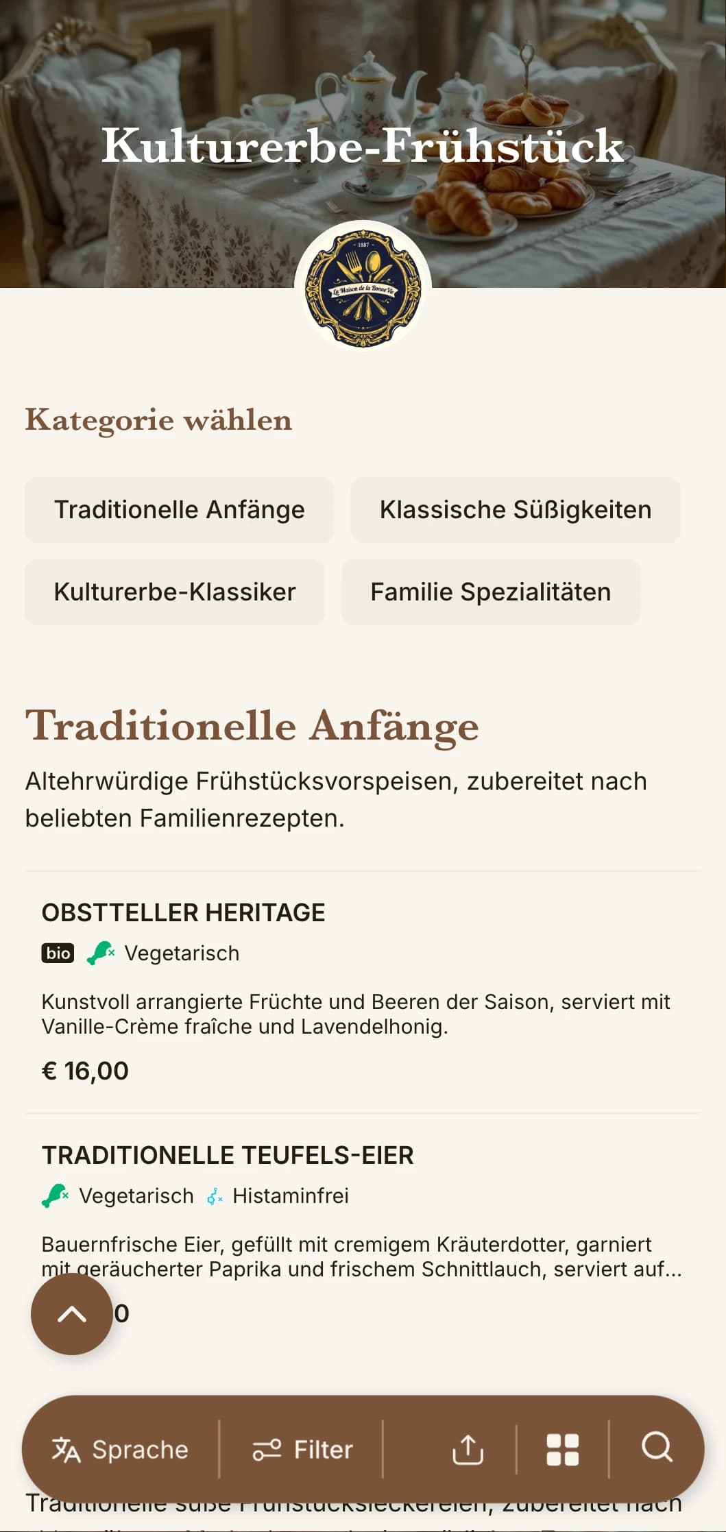 Traditionelle Frühstücksangebote, inspiriert von zeitlosen Familienrezepten und klassischen kulinarischen Techniken.