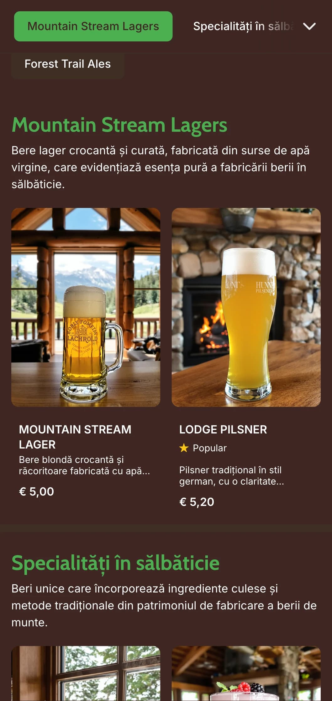 Design rustic și cald inspirat de cabanele de munte, cu texturi de lemn și elemente în aer liber pentru berăriile cu tematică sălbatică.