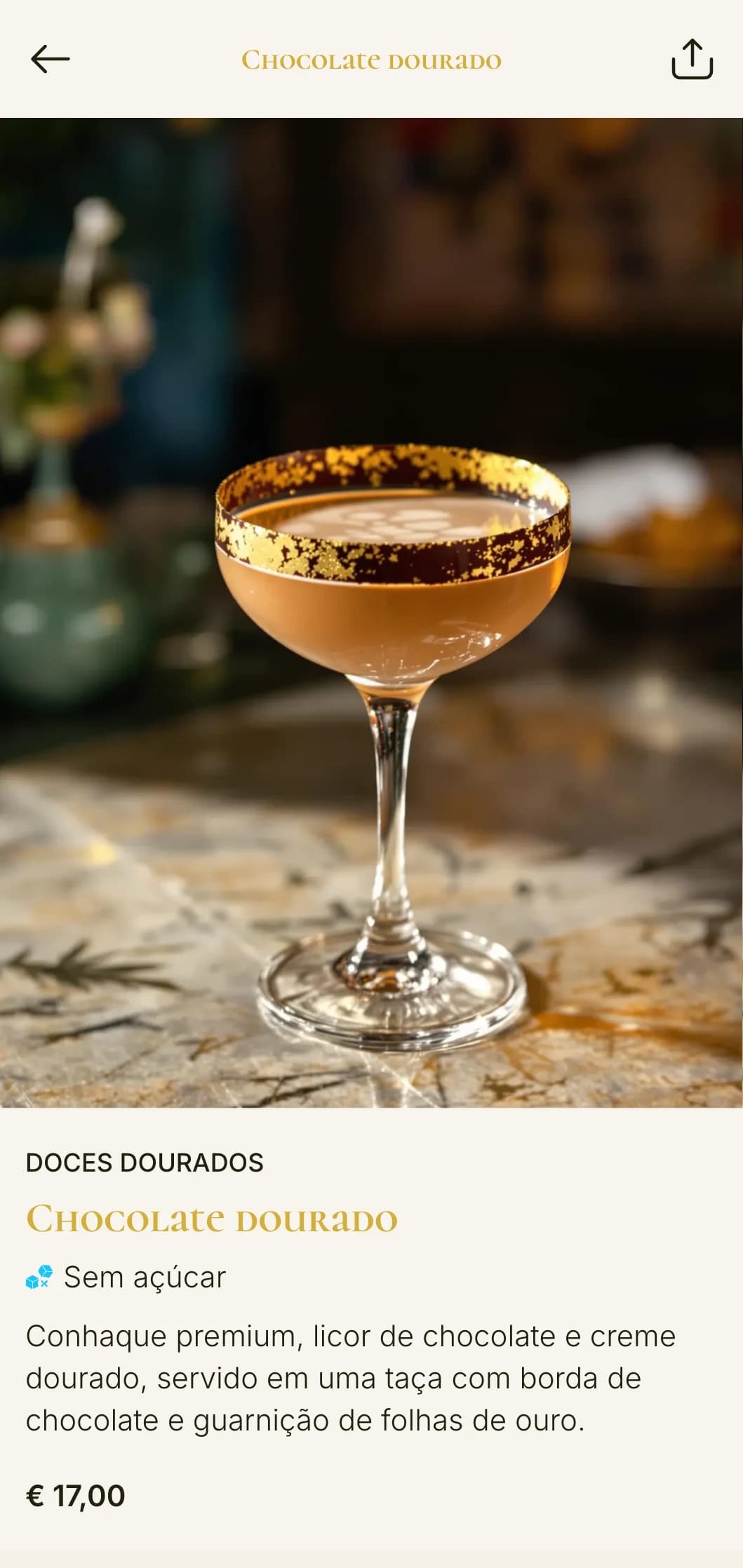 Um design luxuoso, inspirado na década de 1920, para bares de coquetéis de luxo, com detalhes em ouro e tipografia vintage elegante.
