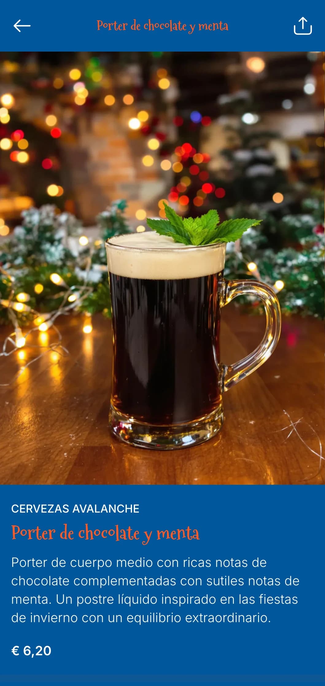 Diseño acogedor y festivo de temática invernal con elementos nevados y acentos navideños, ideal para menús de cerveza de temporada de invierno.