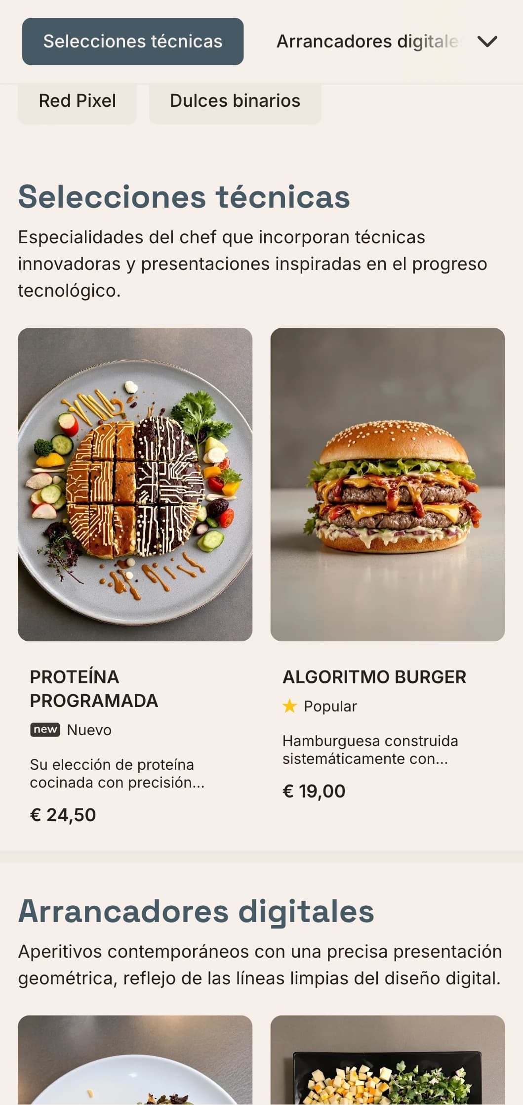 Diseño de menú de almuerzo de inspiración digital con estética tecnológica y precisa disposición en cuadrícula, perfecto para restaurantes en distritos de innovación y cerca de empresas tecnológicas.