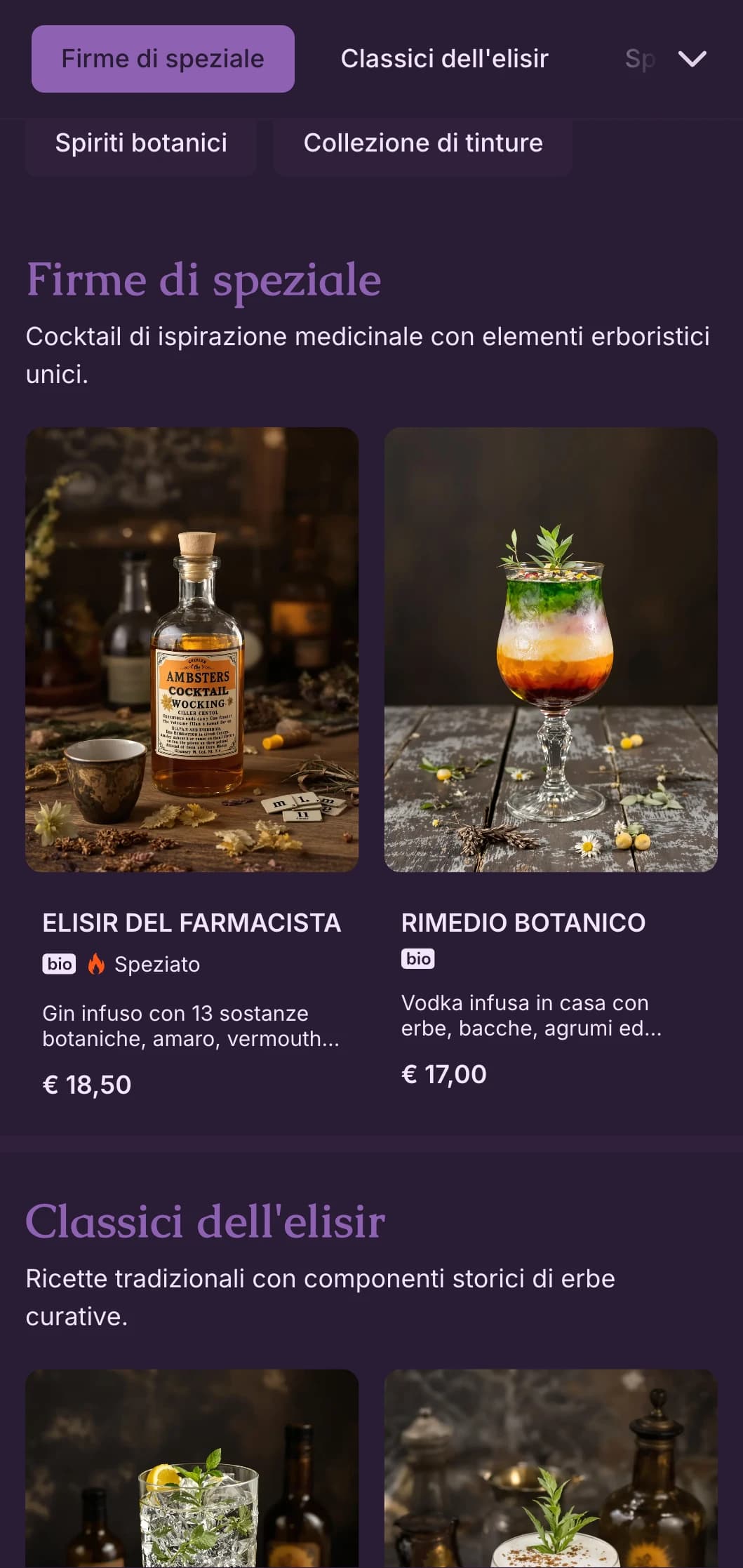 Misterioso design viola con illustrazioni botaniche per laboratori di cocktail artigianali.