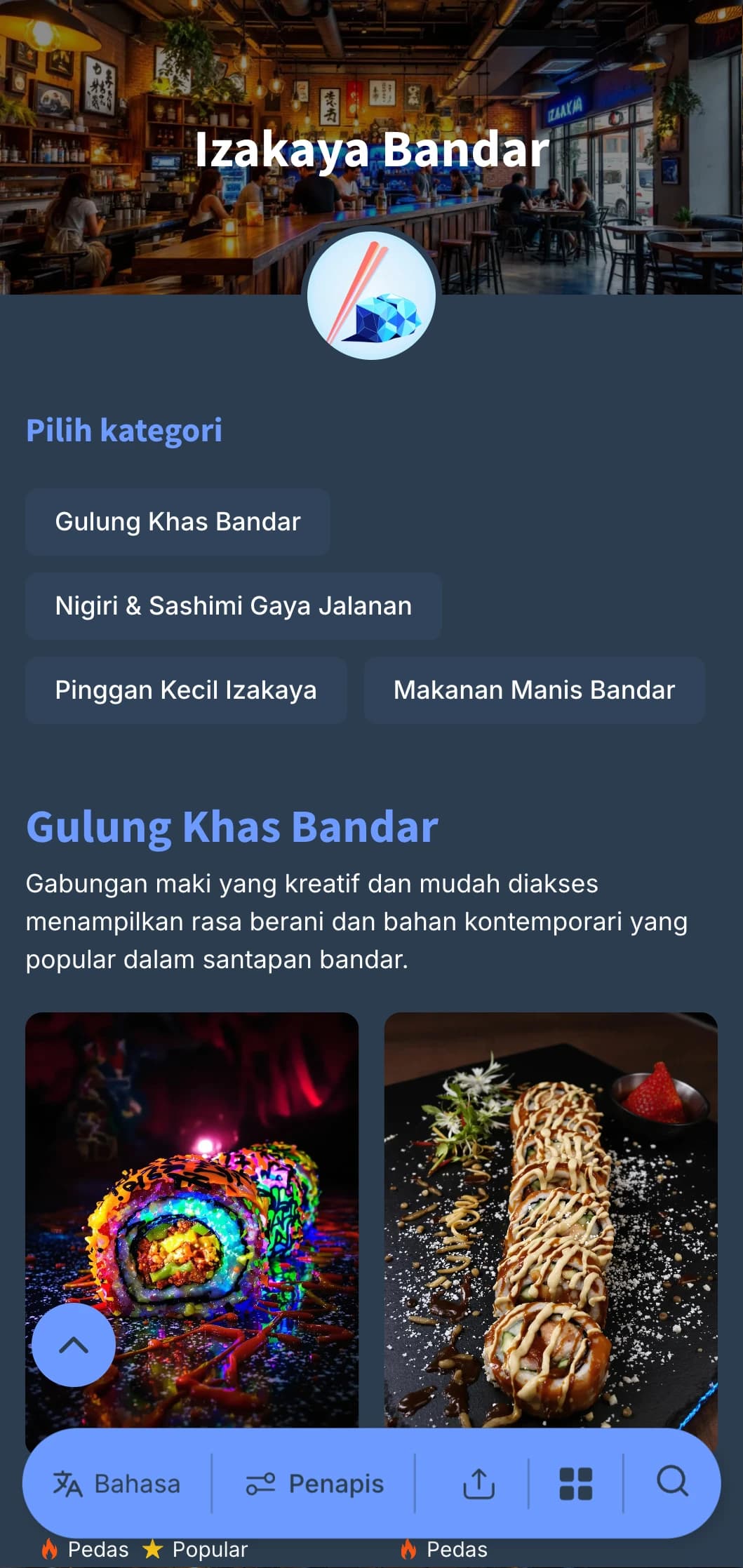 Menu gaya pub Jepun kontemporari dengan bakat bandar, menampilkan warna biru yang sejuk dengan warna biru laut dalam untuk santapan kasual.