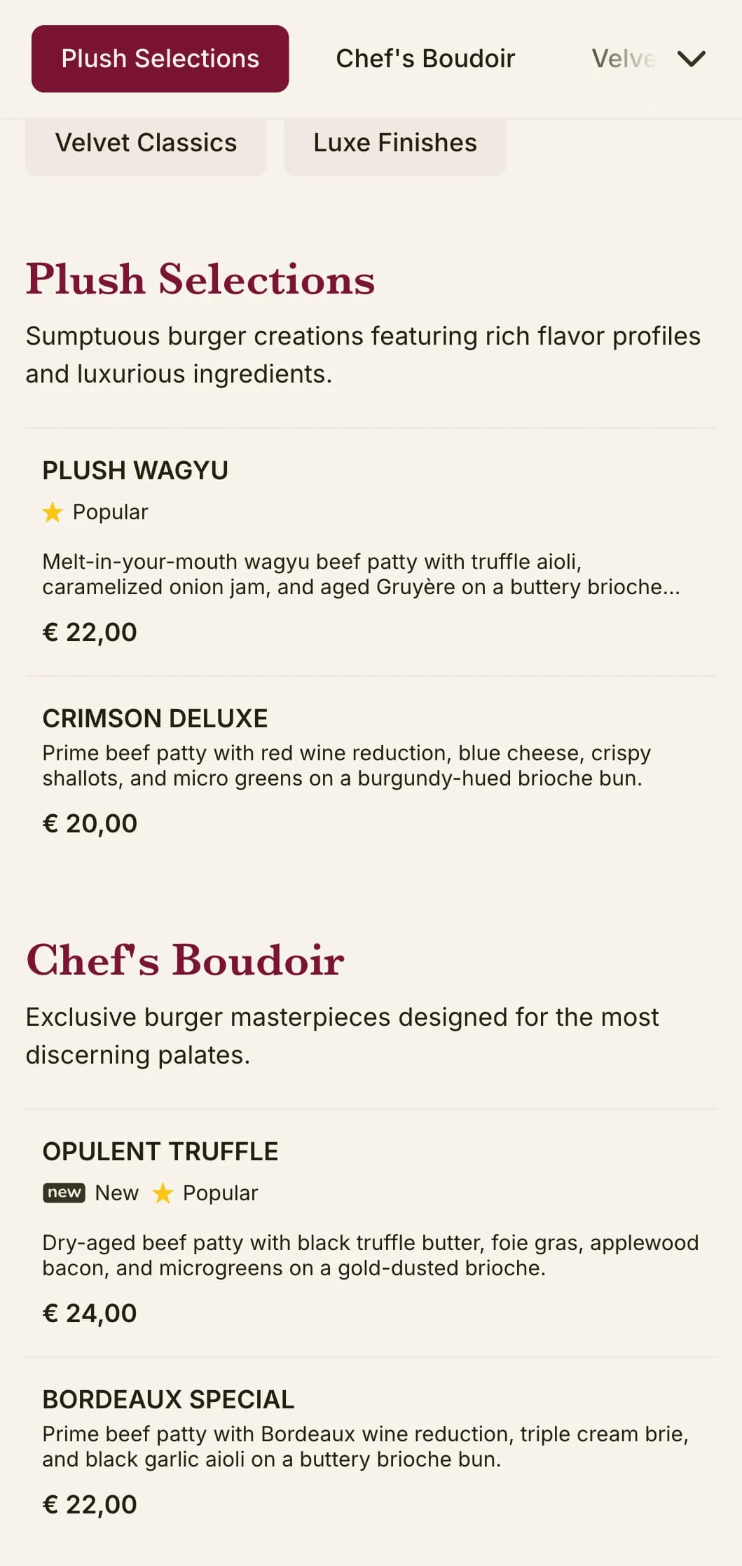 Plush luxury burger lounge with rich textures and opulent presentation.