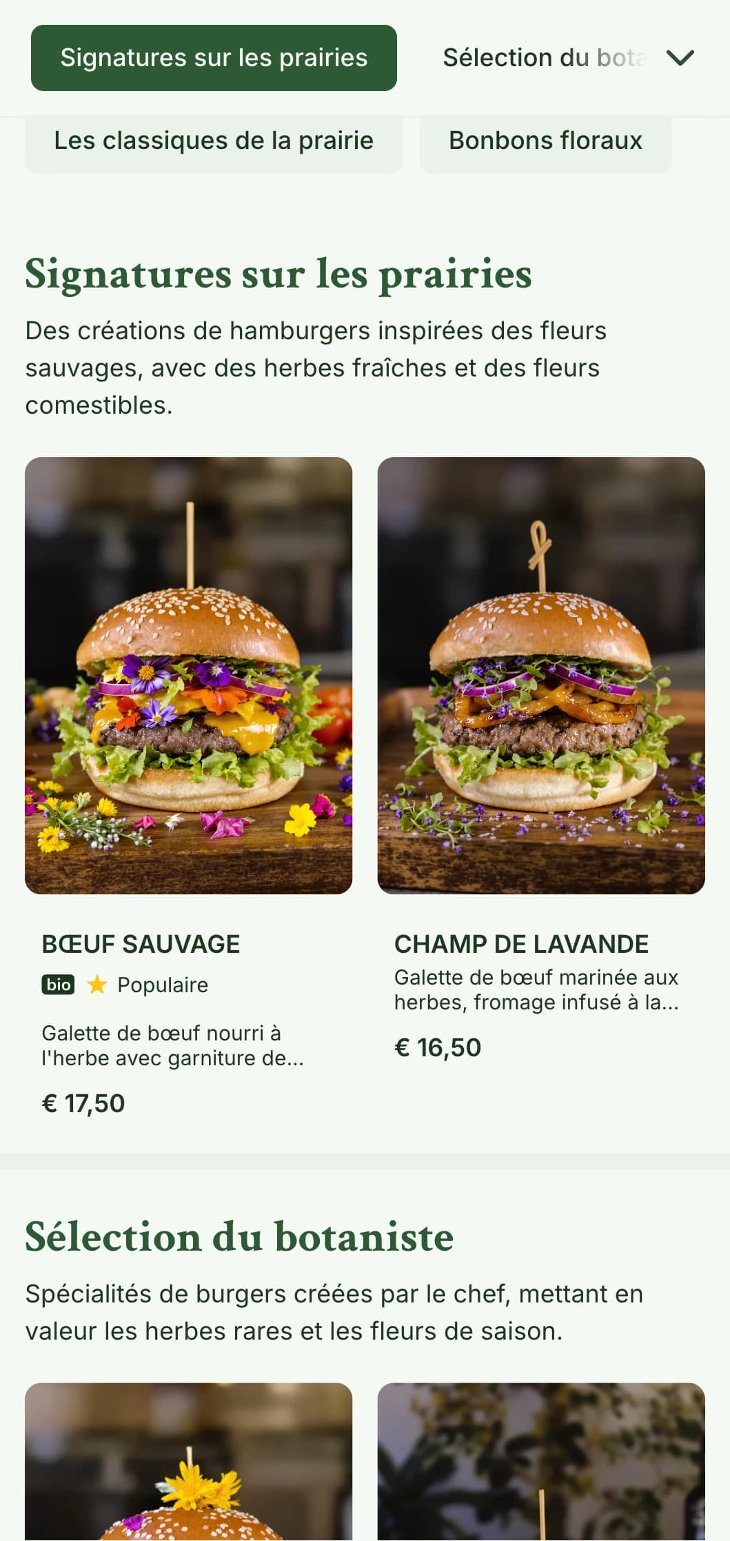 Concept de burger inspiré des fleurs sauvages et des prairies, avec une esthétique naturelle et aérée.