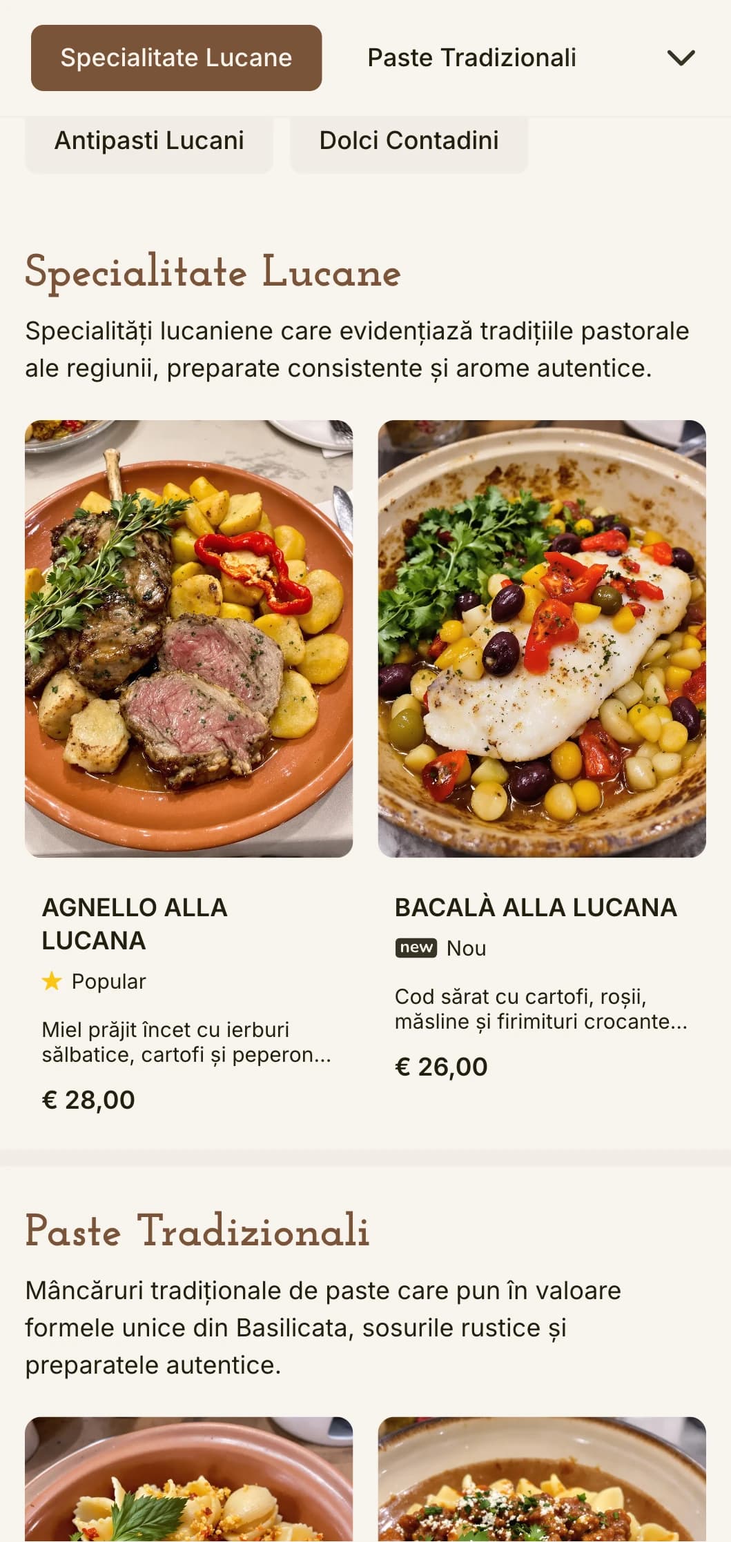 Design pământesc, tradițional, care reflectă bucătăria rustică și modestă din Basilicata, cu elemente calde de teracotă.