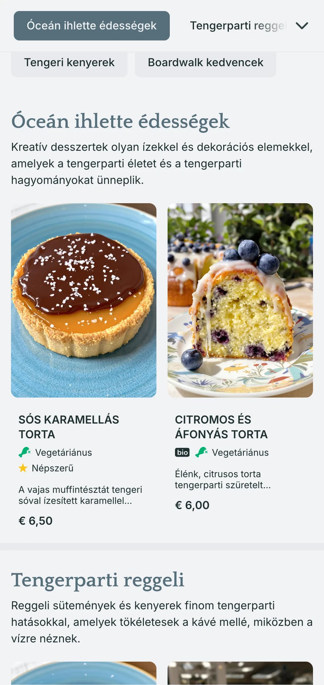 Friss, tengerparti ihletésű pékségi menüterv tengerparti kék tónusokkal és légies tipográfiával, amely tökéletes a tengerparti pékségek és tengerparti kávézók számára.