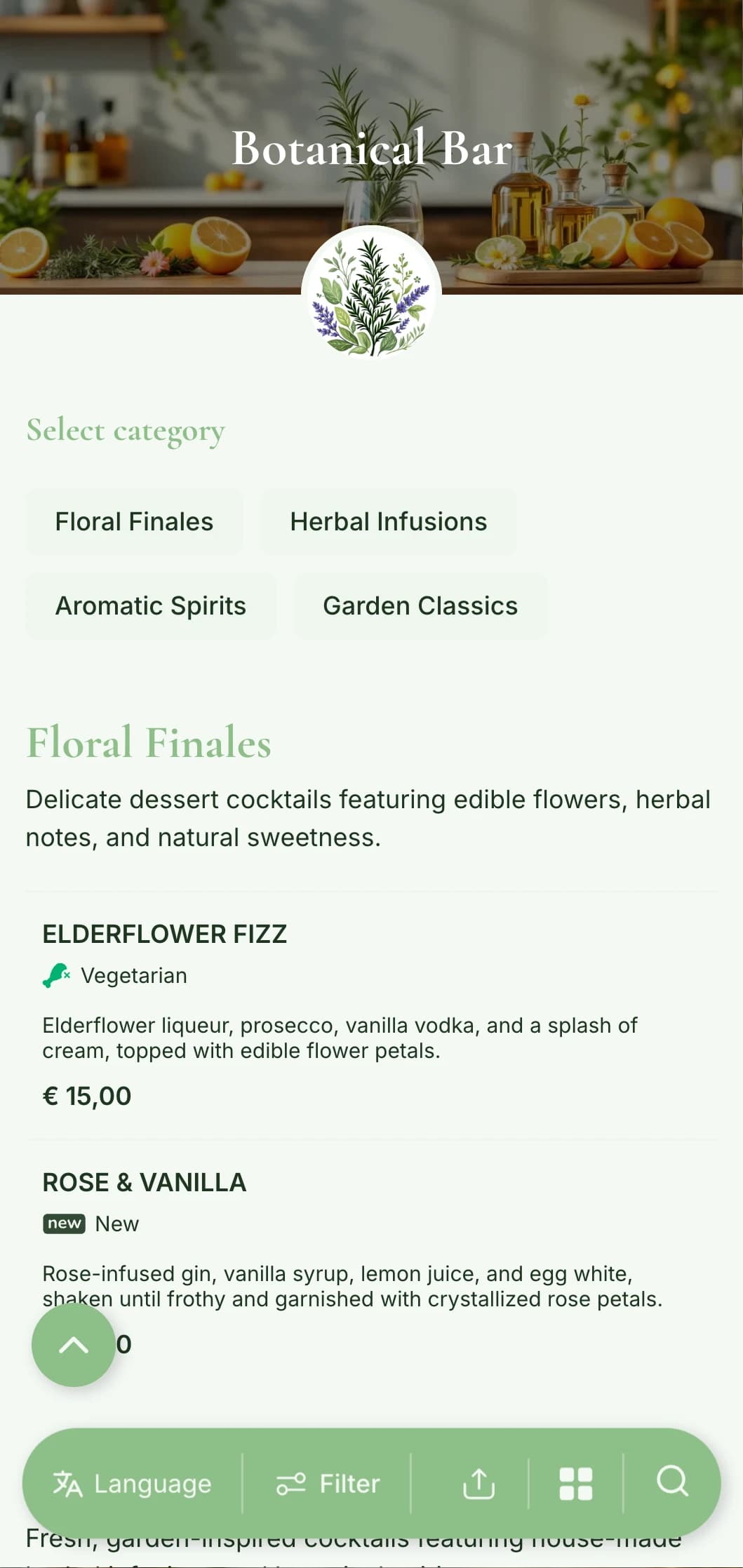 A fresh, garden-inspired menu design for bars specializing in herb-infused and botanical cocktails.