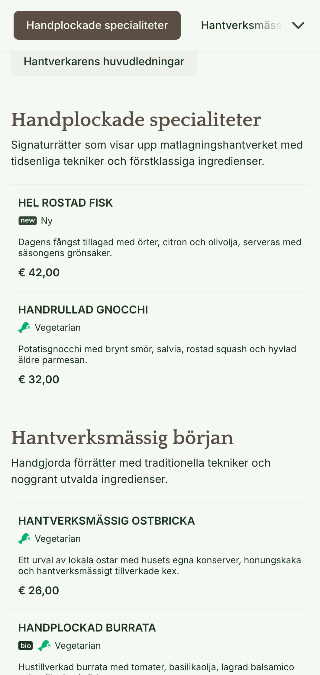 En varm, hantverksmässig middagsmeny med hantverksinspirerade designelement och jordnära toner, perfekt för restauranger som fokuserar på handgjorda rätter.