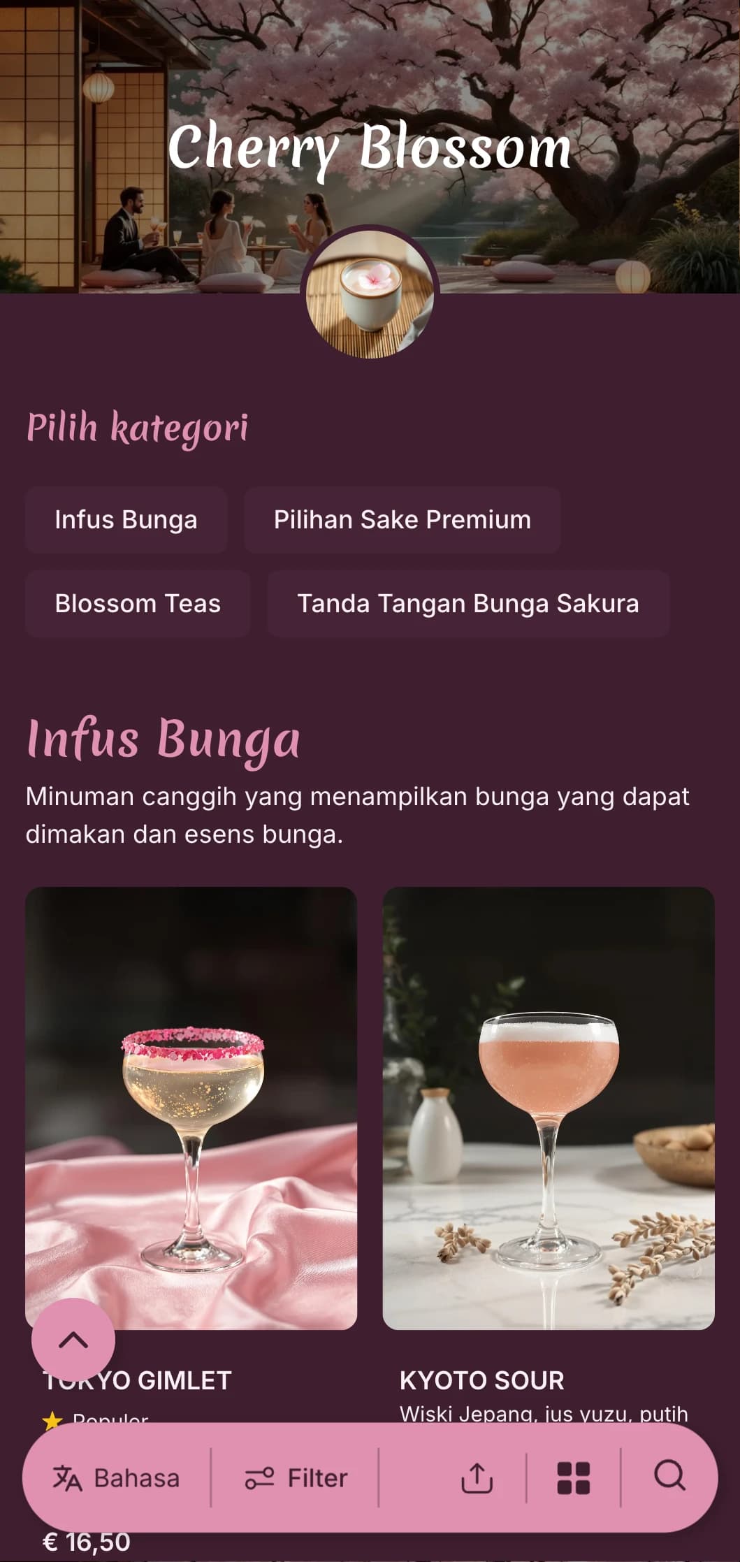 Desain yang terinspirasi dari bunga berwarna merah muda lembut dengan pengaruh Jepang untuk pengalaman koktail yang berkelas.